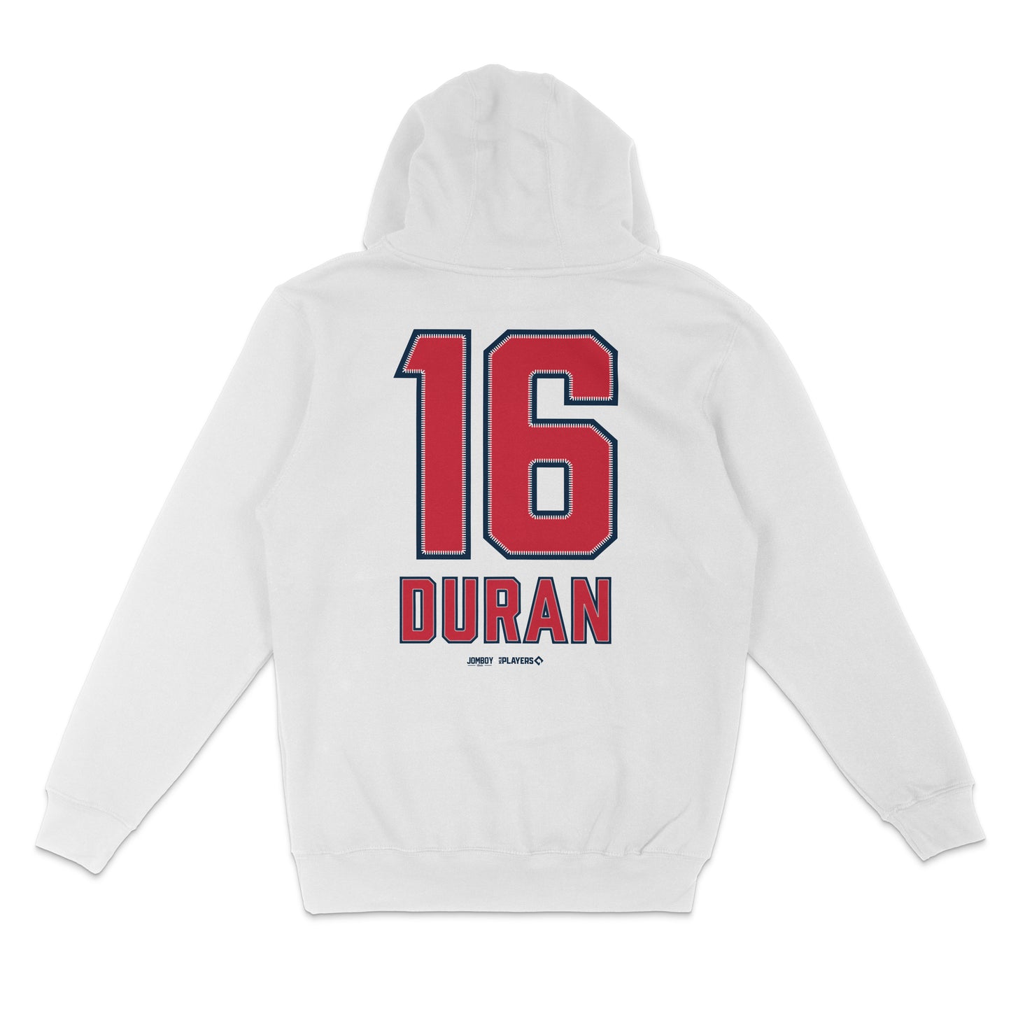 White pullover fleece hoodie featuring a large red and navy "16" and "DURAN" printed on the back, with small "JOMBOV PLAYERS" text below.