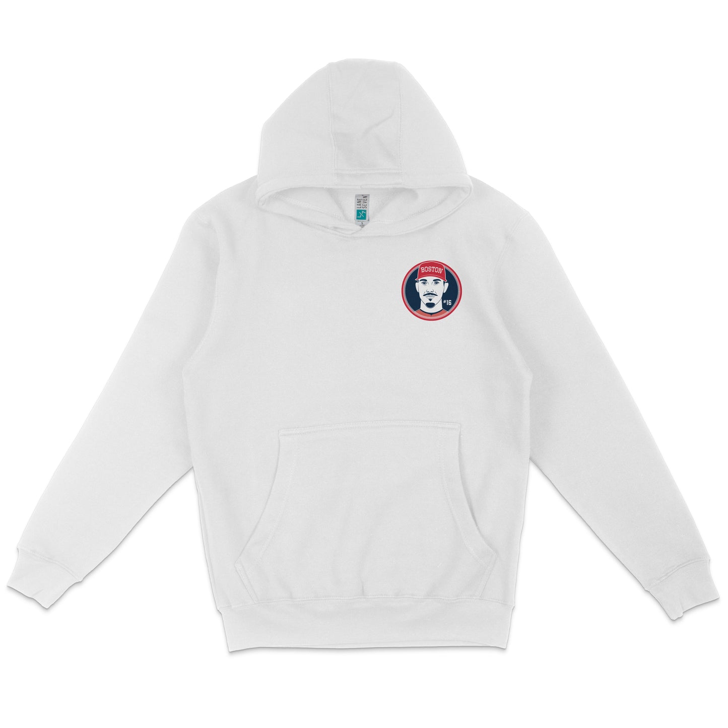 White pullover fleece hoodie featuring a Boston-themed circular patch with a stylized face and "Boston" text on the chest.