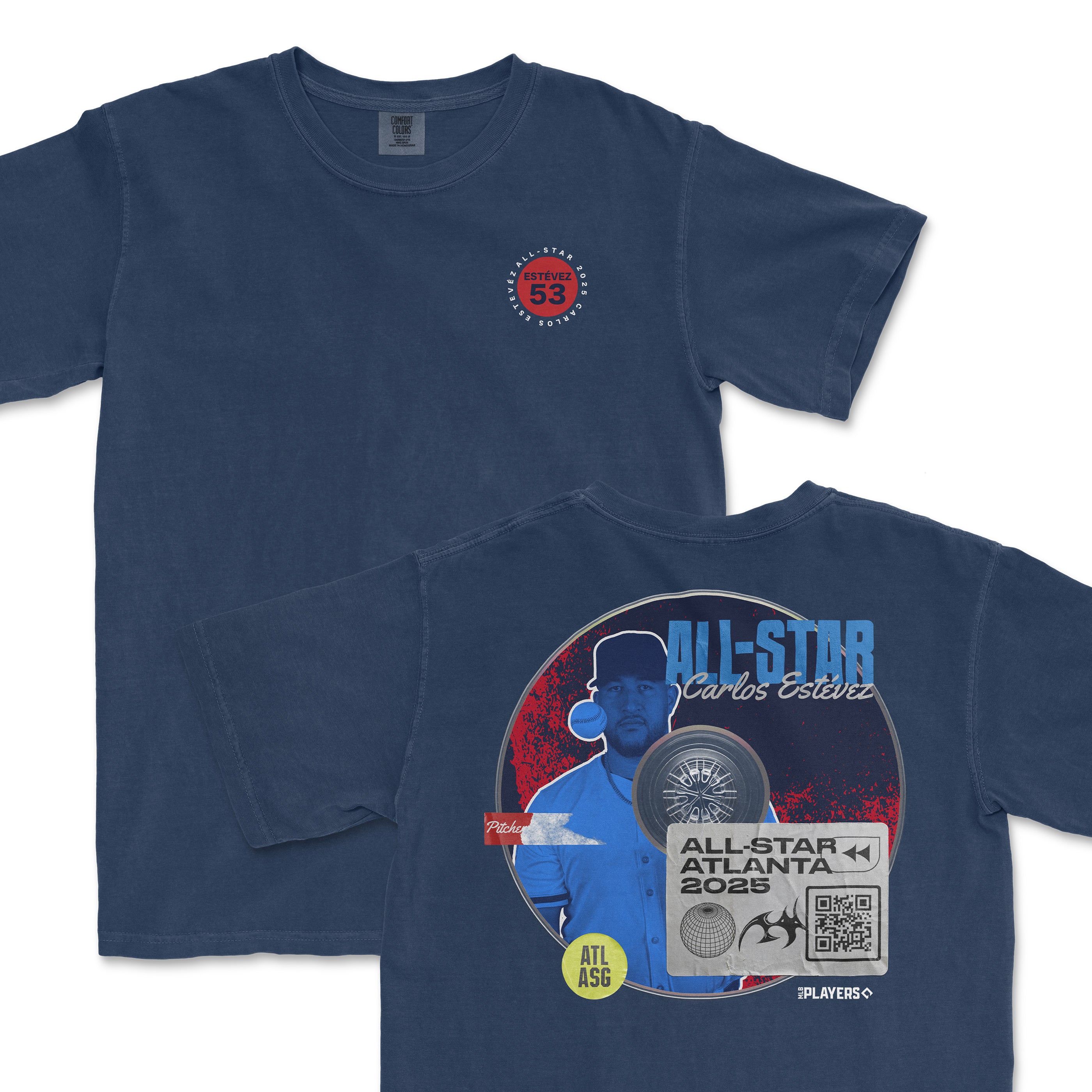 Navy blue t-shirt featuring Carlos Estevez All-Star 2025 graphic with a retro design and QR code on the back.