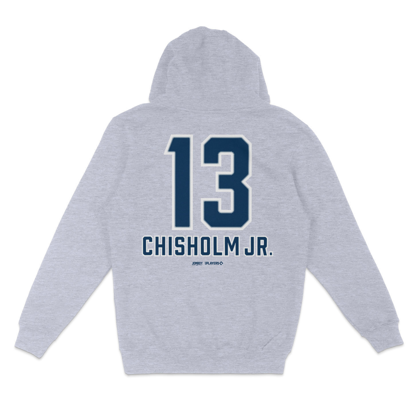 Light gray pullover fleece hoodie featuring "13" and "Chisholm Jr." in bold blue lettering on the back.
