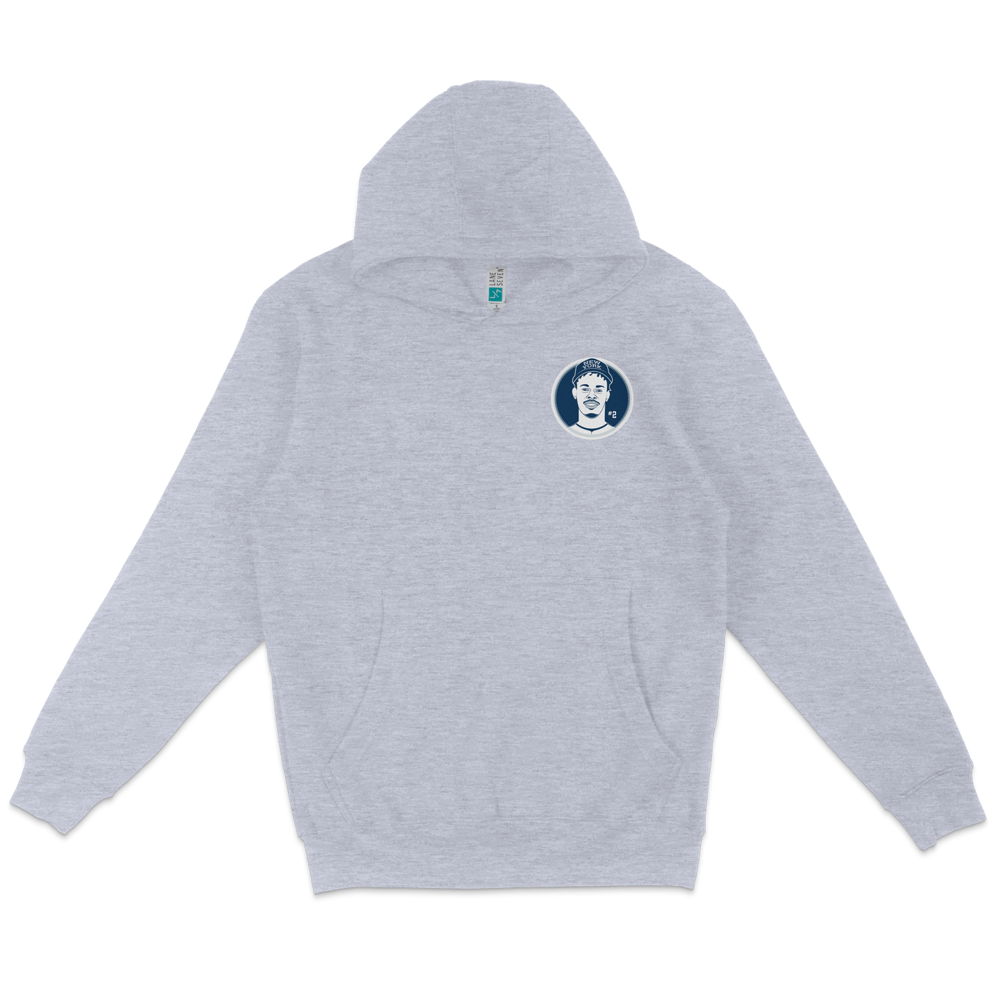 Light gray pullover fleece hoodie featuring a round patch of Jazz Chisholm Jr. with a baseball cap and team logo on the chest.