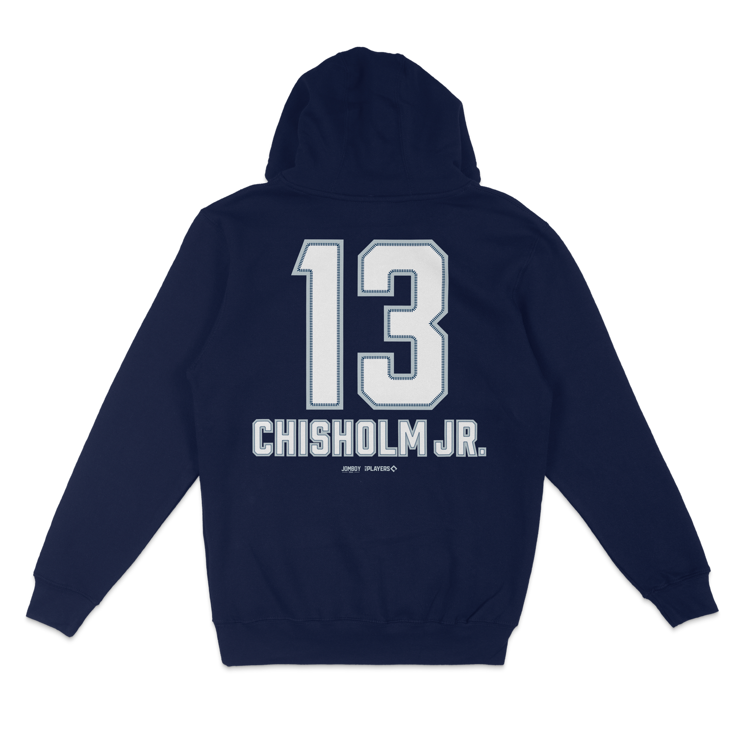 Navy blue pullover fleece hoodie featuring "13" and "Chisholm Jr." printed on the back in white, sports team branding.