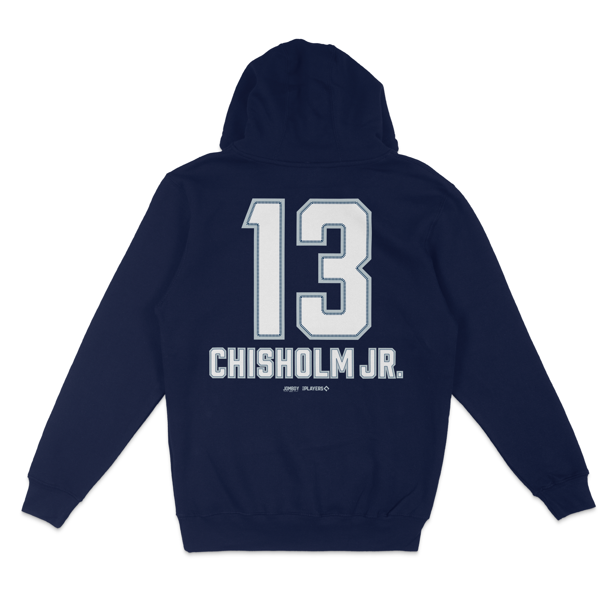 Navy blue pullover fleece hoodie featuring "13" and "Chisholm Jr." printed on the back in white, sports team branding.