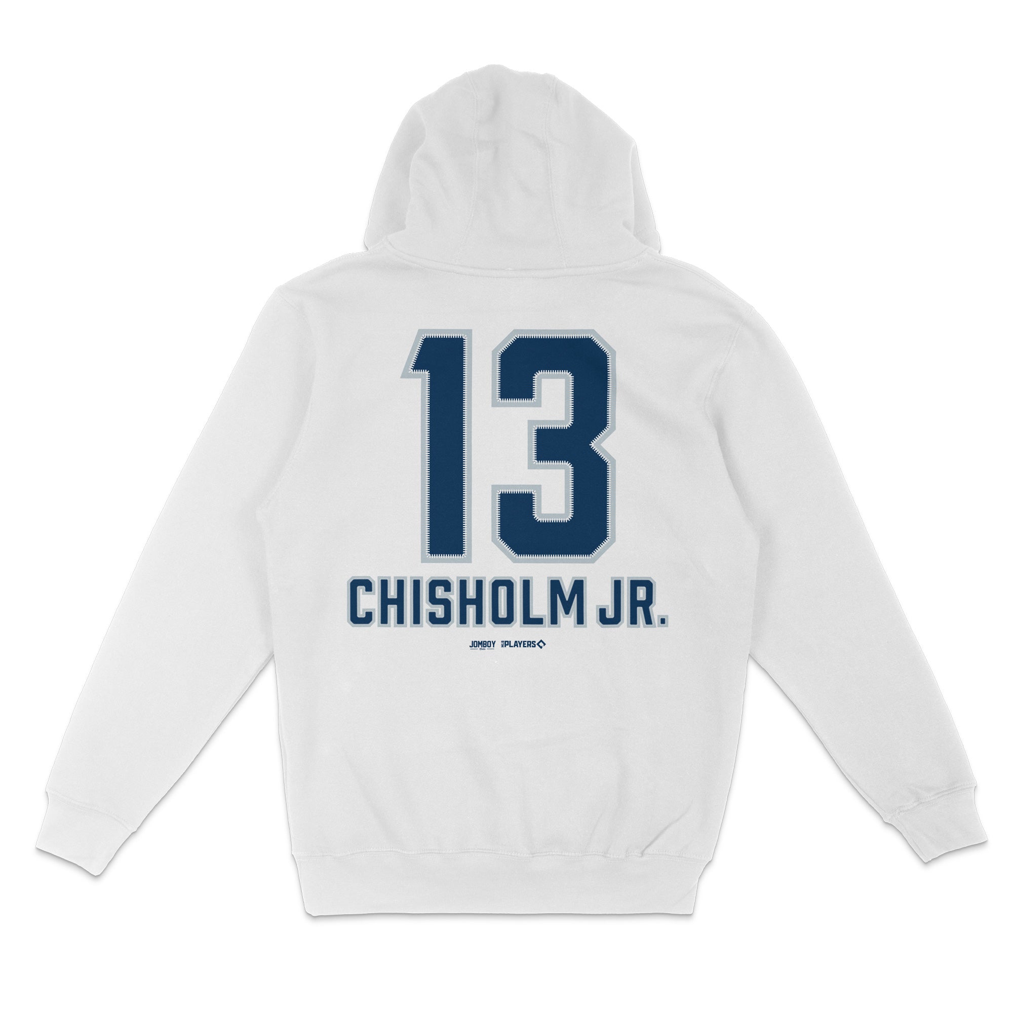 White pullover fleece hoodie featuring "13" and "Chisholm Jr." printed on the back in blue, sports team-inspired design.