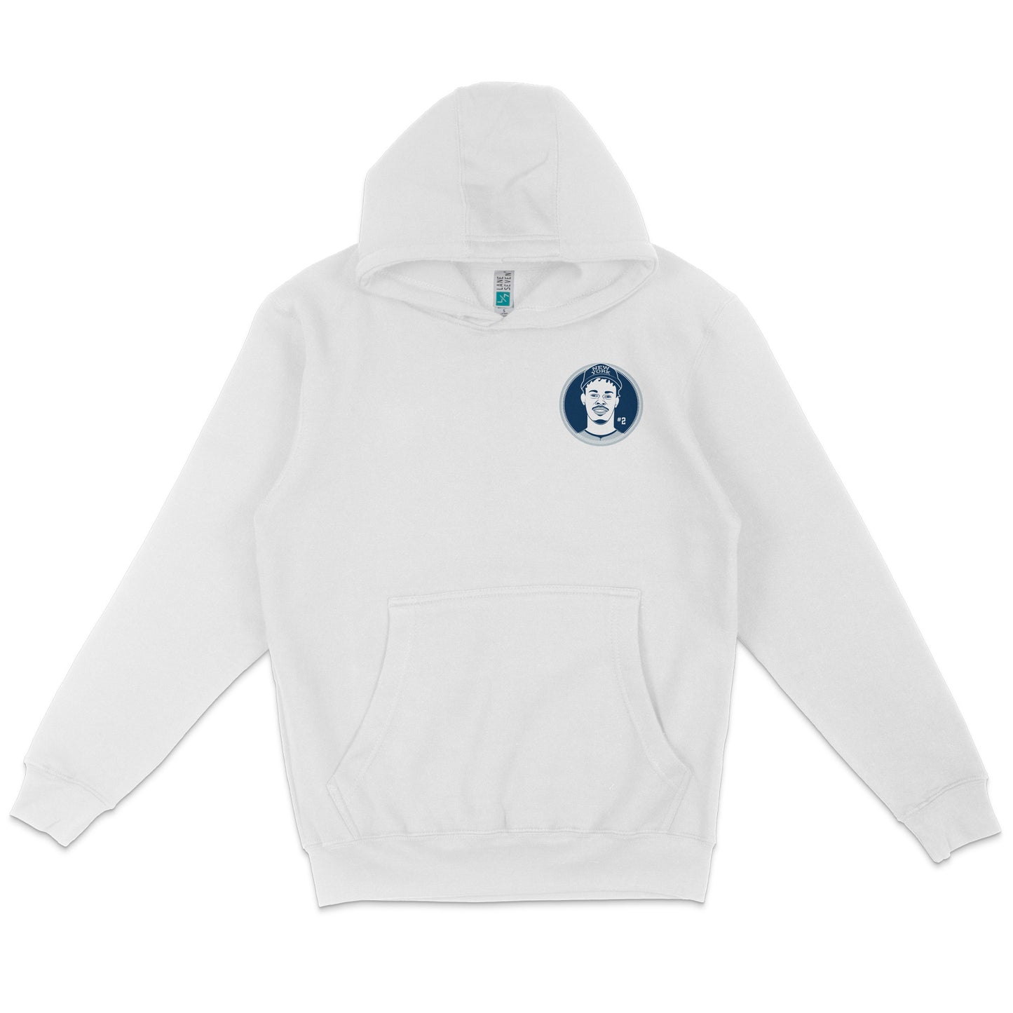 White pullover fleece hoodie featuring a graphic of Jazz Chisholm Jr. on the chest with a blue circular emblem and number 2.