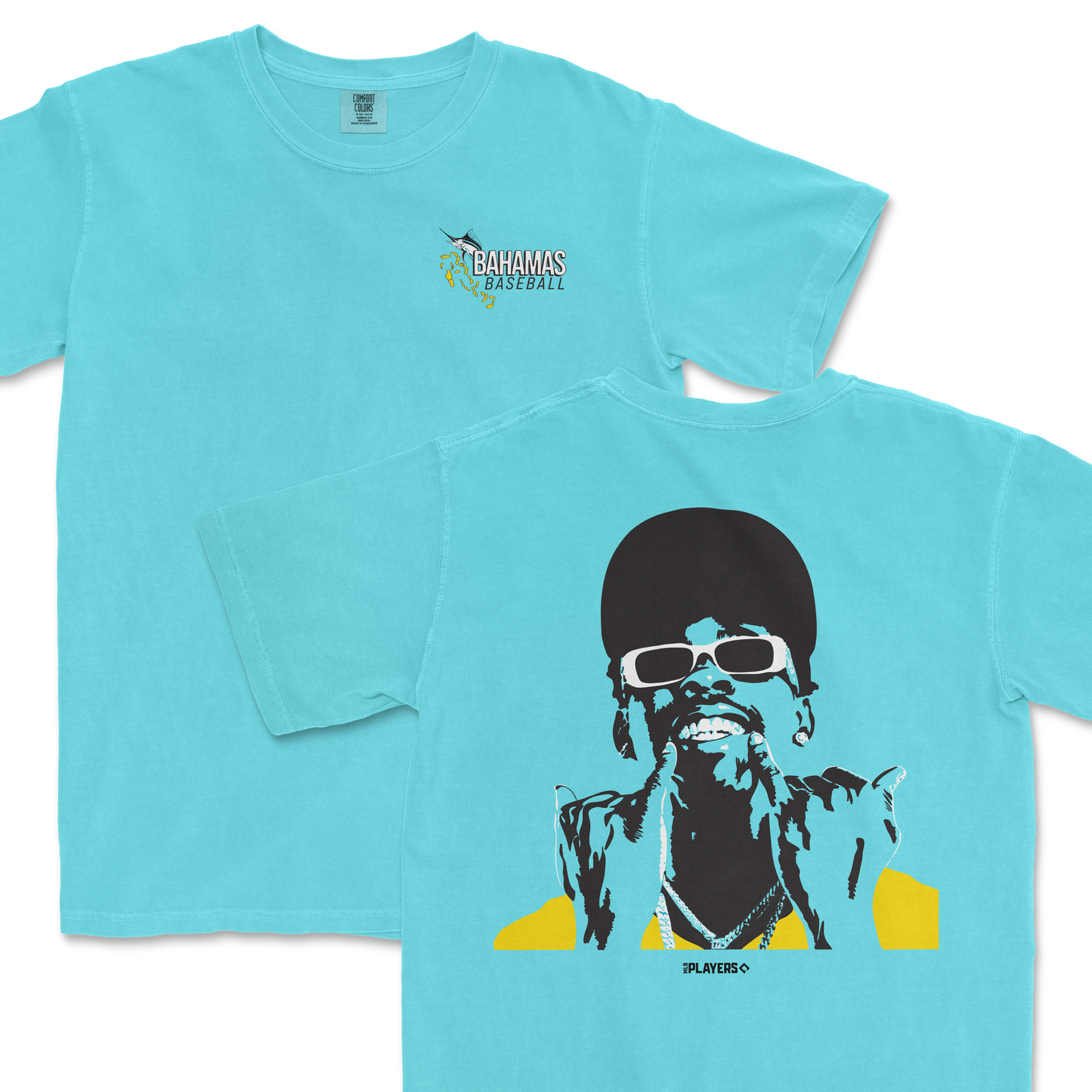 Light blue Comfort Colors T-shirt featuring a Bahamas Baseball logo on the front and a stylized graphic of a woman with sunglasses and braids on the back.