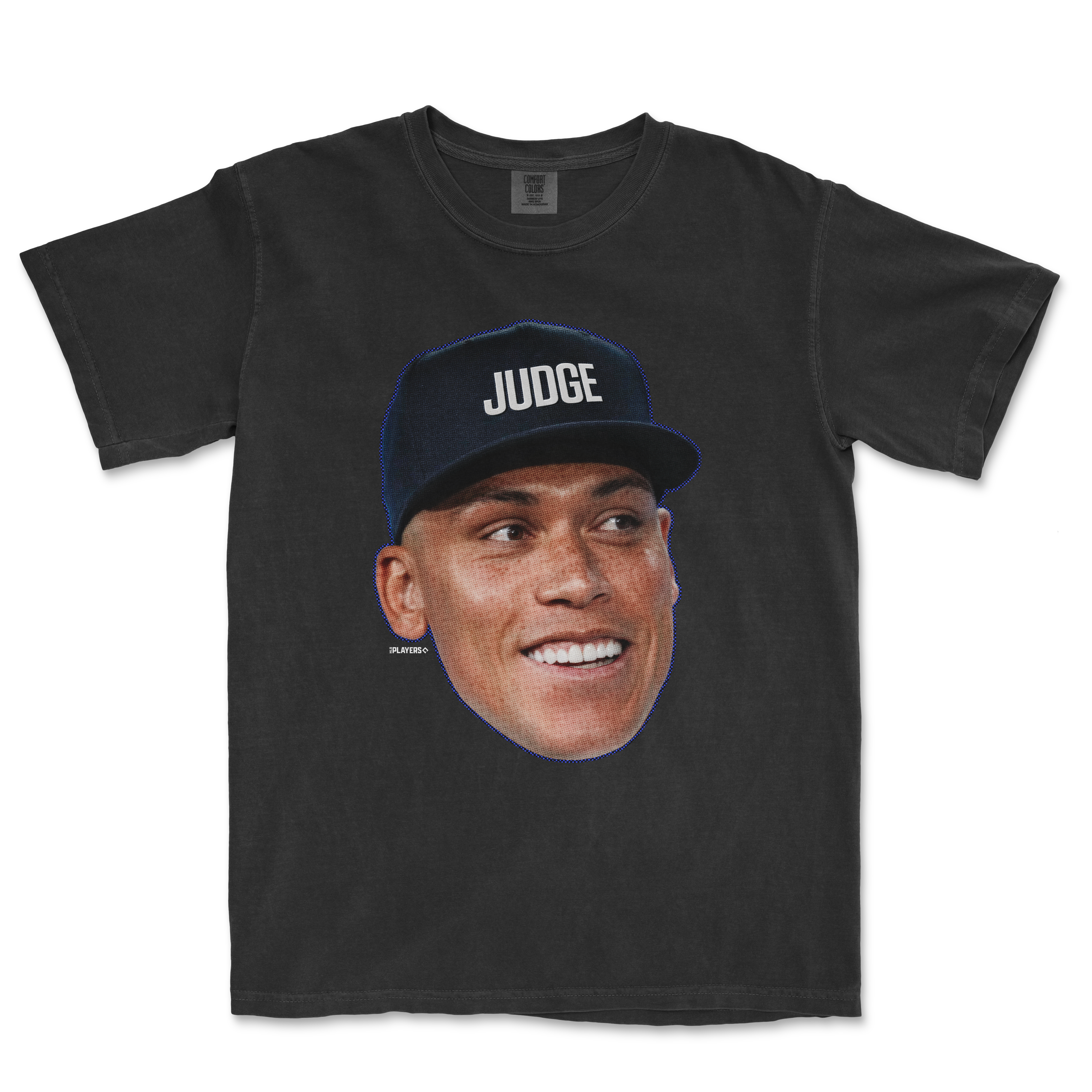 Aaron Judge Head in the Game Series t-shirt featuring a large graphic of Judge's smiling face and his name on a cap.