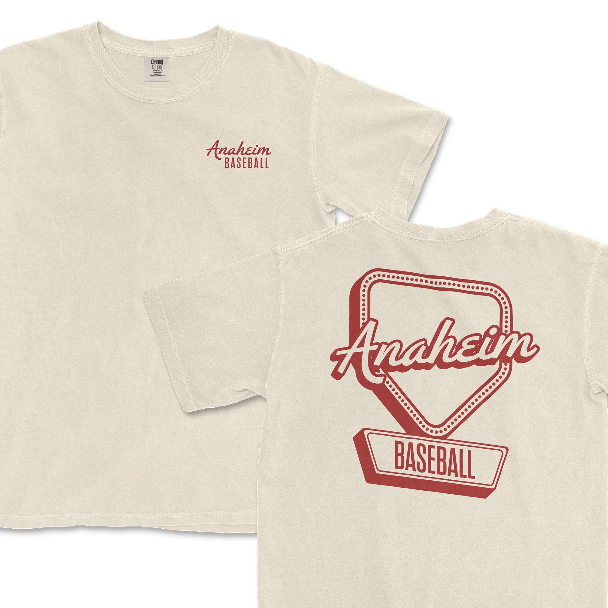Cream-colored t-shirt featuring "Anaheim Baseball" in red script on the front and a sign design on the back.