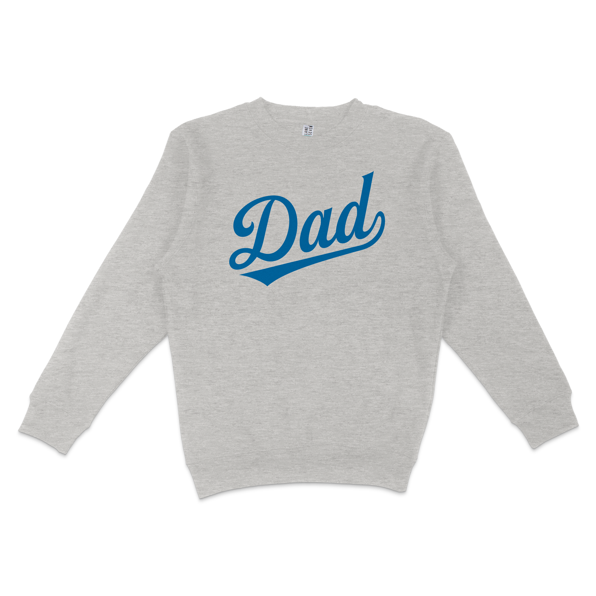 Gray crewneck sweatshirt with "Dad" written in blue cursive font across the front.