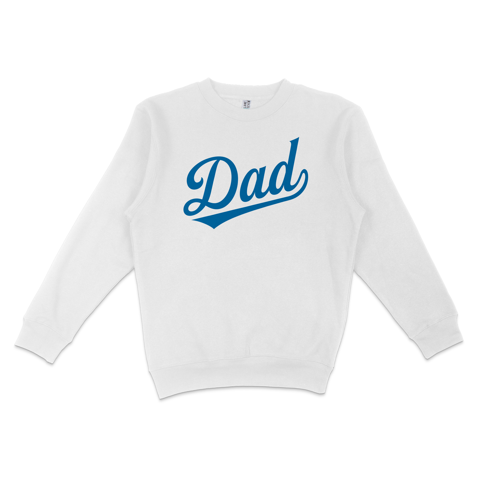 White crewneck sweatshirt with "Dad" written in bold blue cursive font across the front, perfect for LA baseball dads.