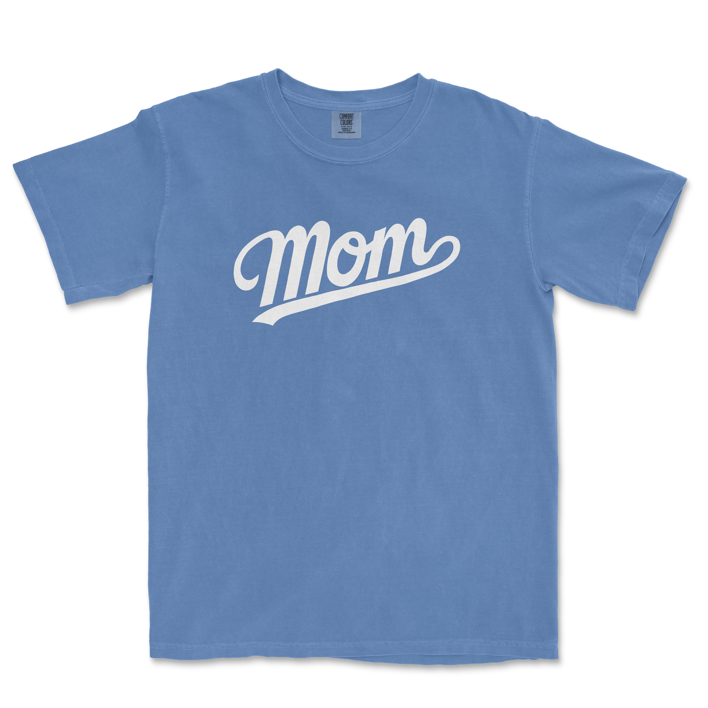 Blue Comfort Colors tee with white "Mom" text in a cursive font, perfect for a proud baseball mom.