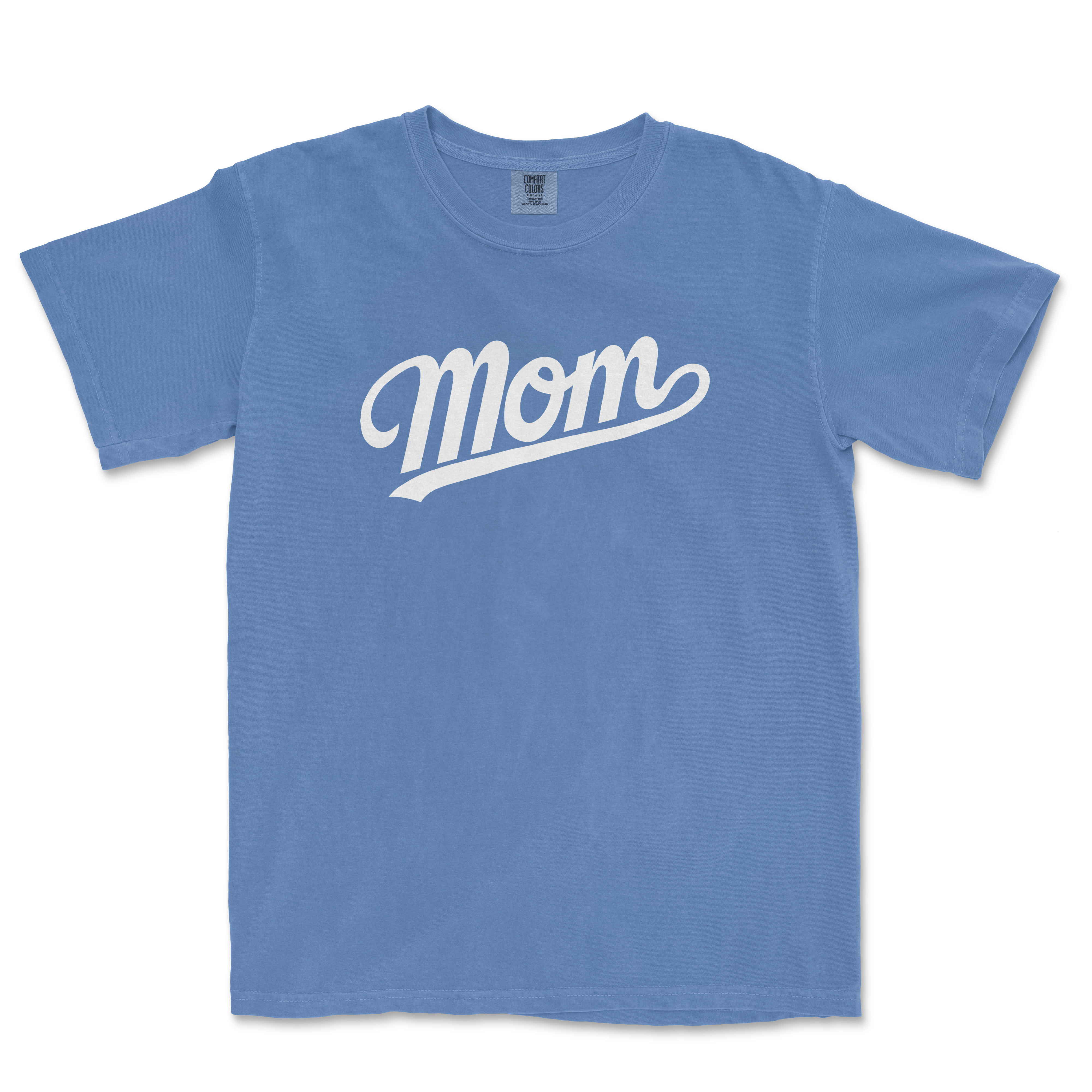 Blue Comfort Colors tee with white "Mom" text in a cursive font, perfect for a proud baseball mom.