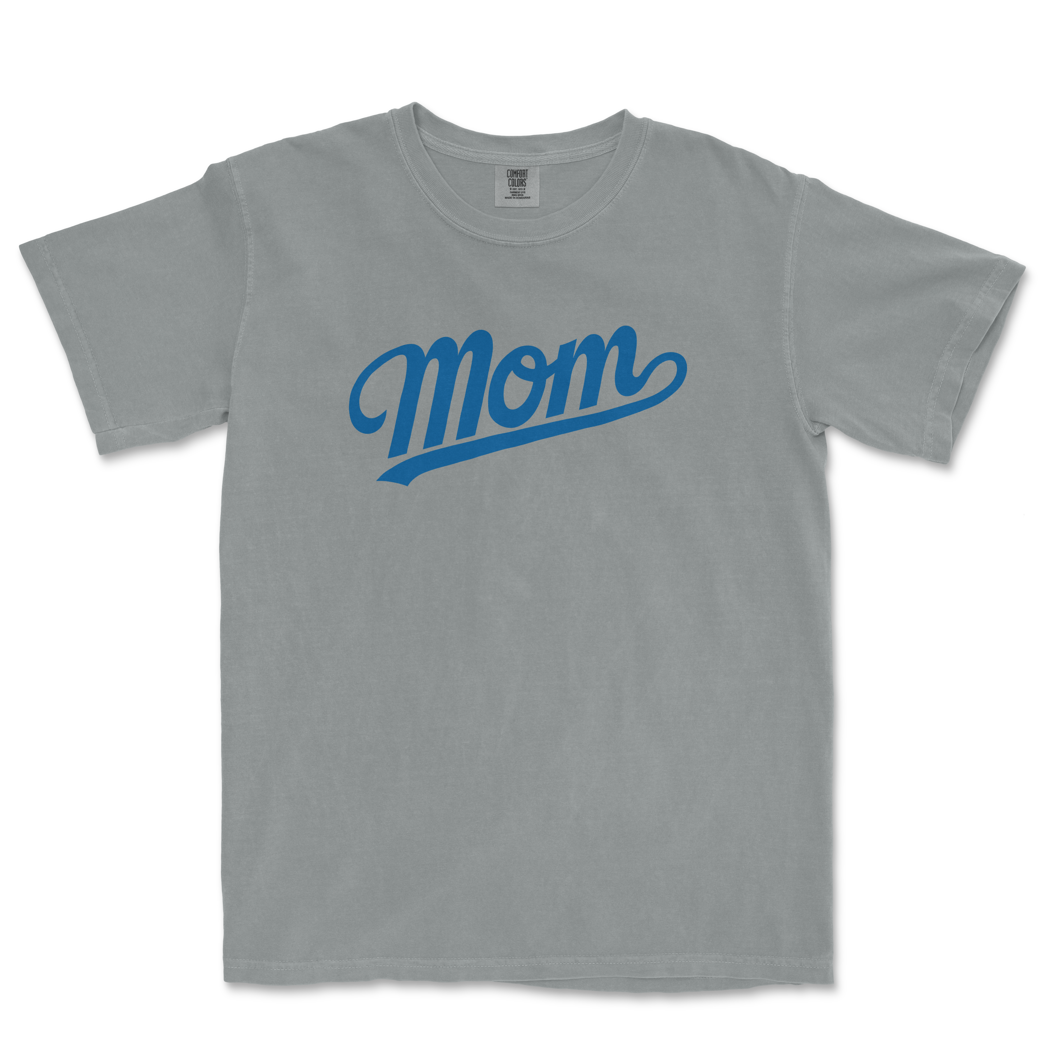 Gray Comfort Colors T-shirt with "Mom" written in bold blue script across the front, designed for LA baseball moms.