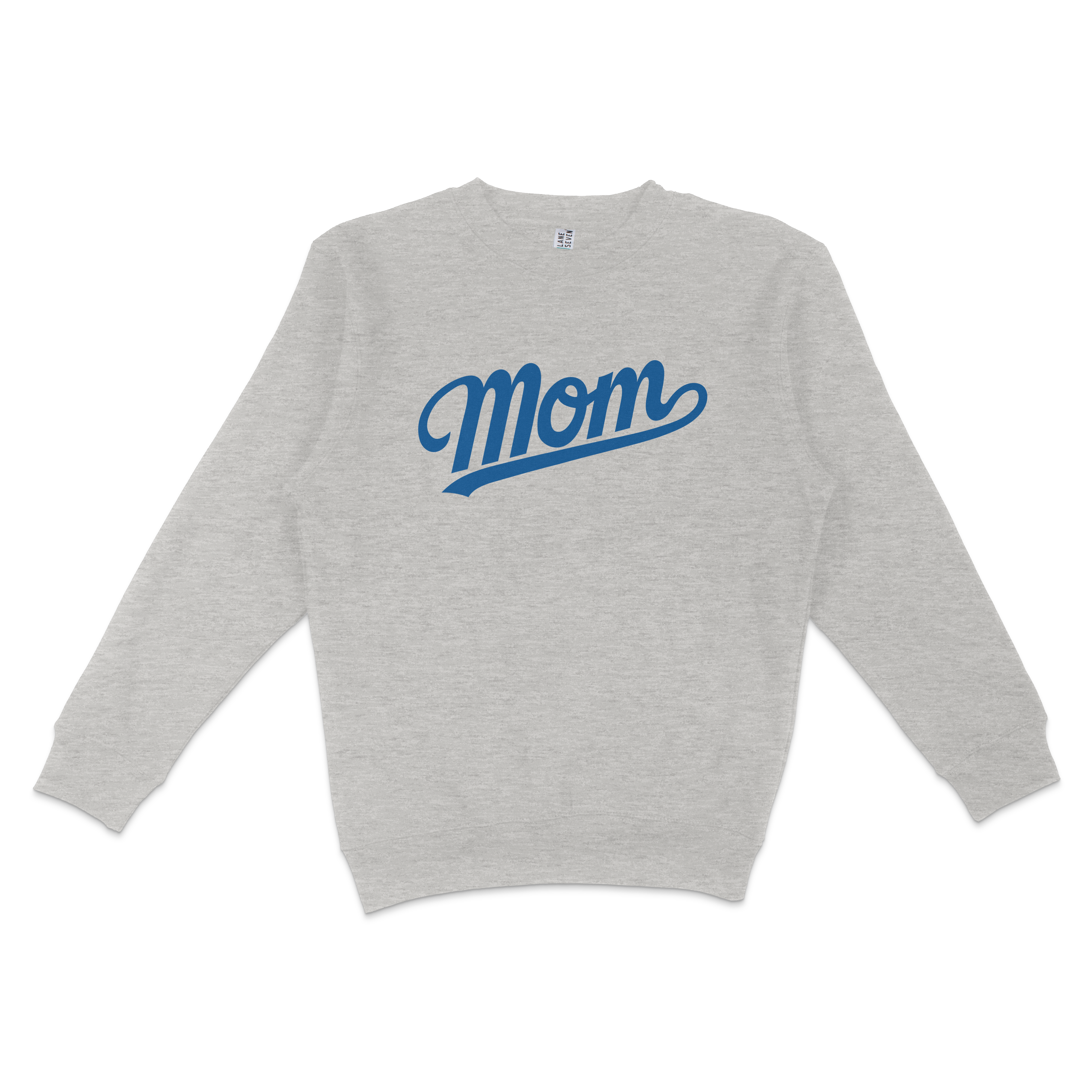 Gray crewneck sweatshirt with "Mom" written in bold blue script across the front, designed for LA baseball moms.