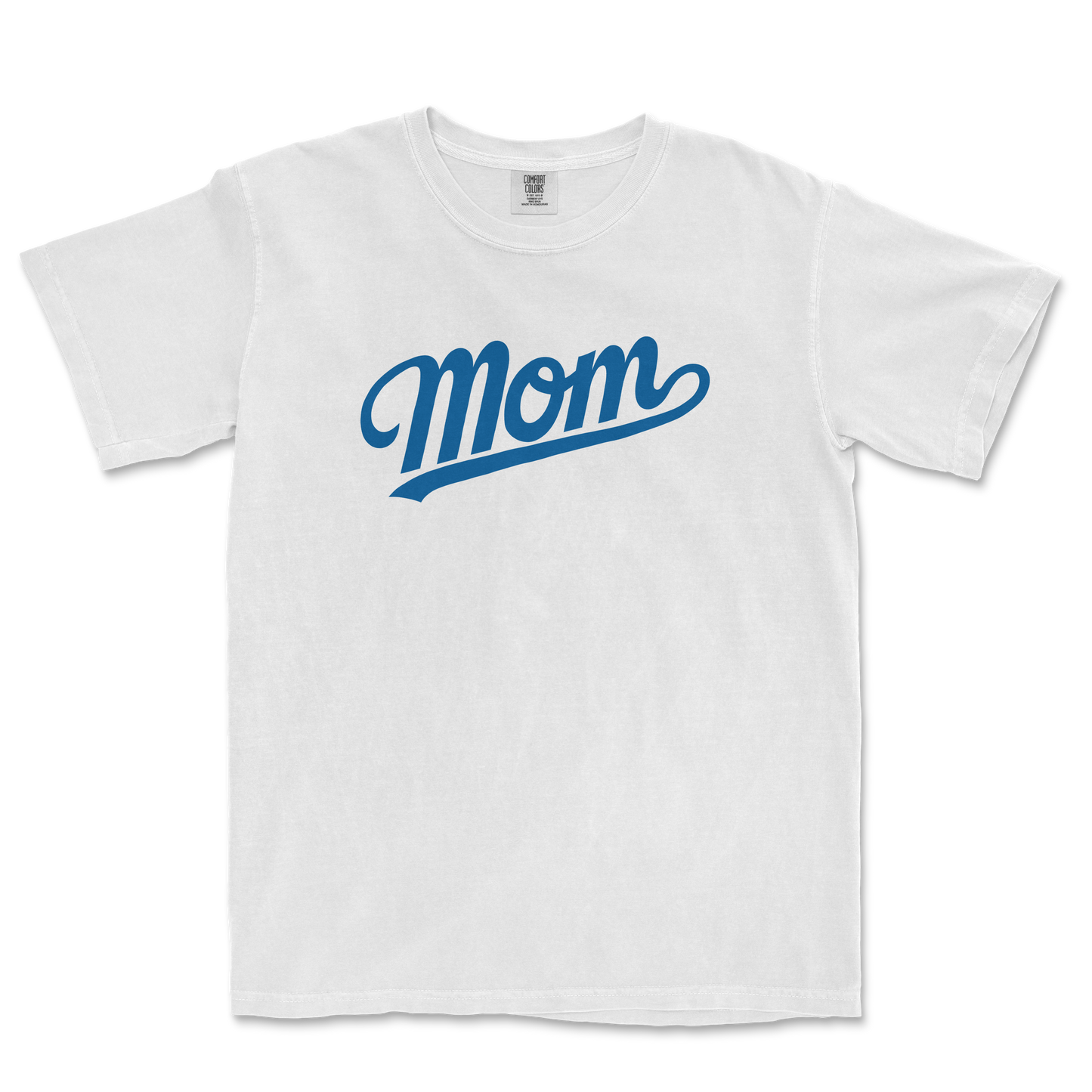White Comfort Colors T-shirt with "Mom" in blue script across the front, designed for LA baseball moms.