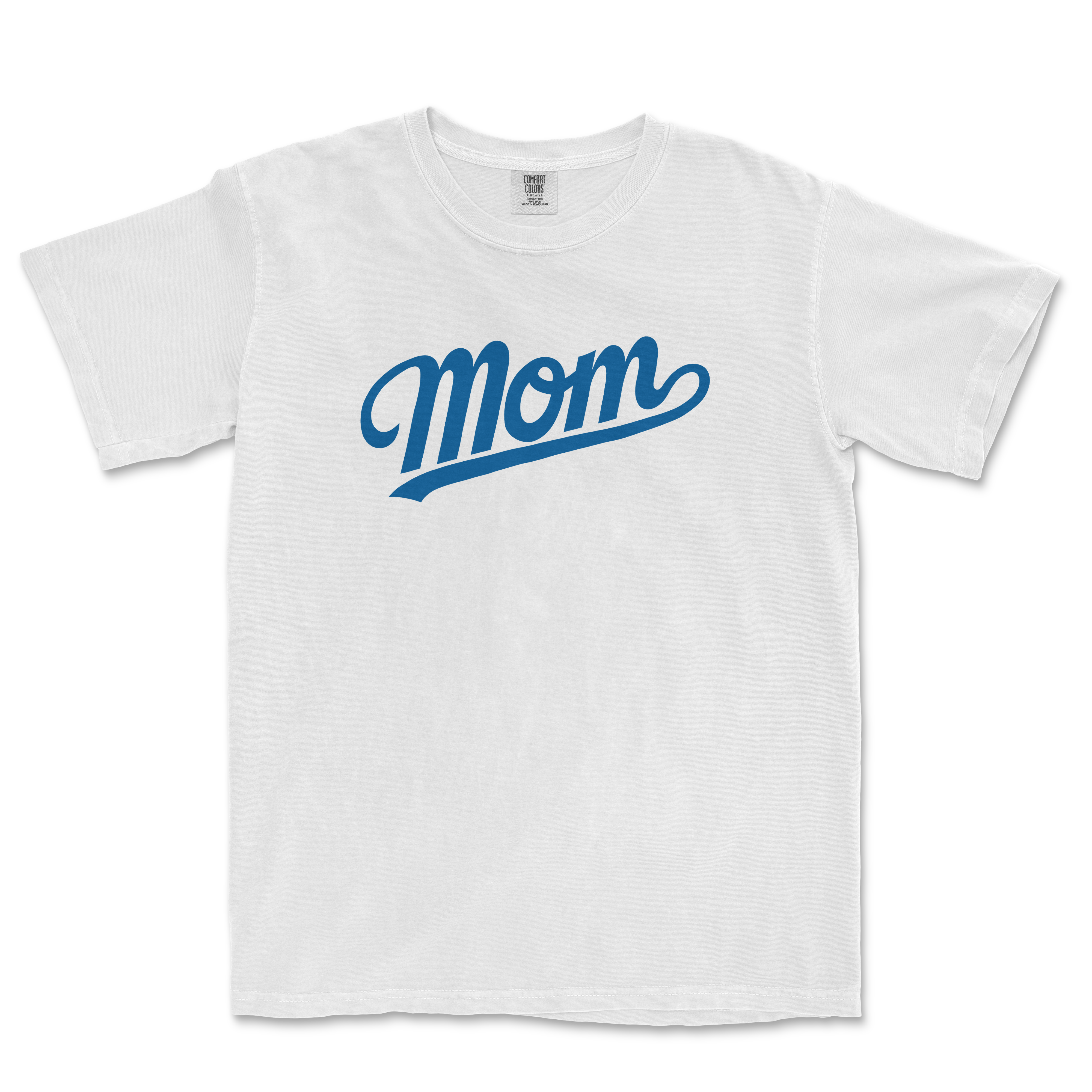White Comfort Colors T-shirt with "Mom" in blue script across the front, designed for LA baseball moms.