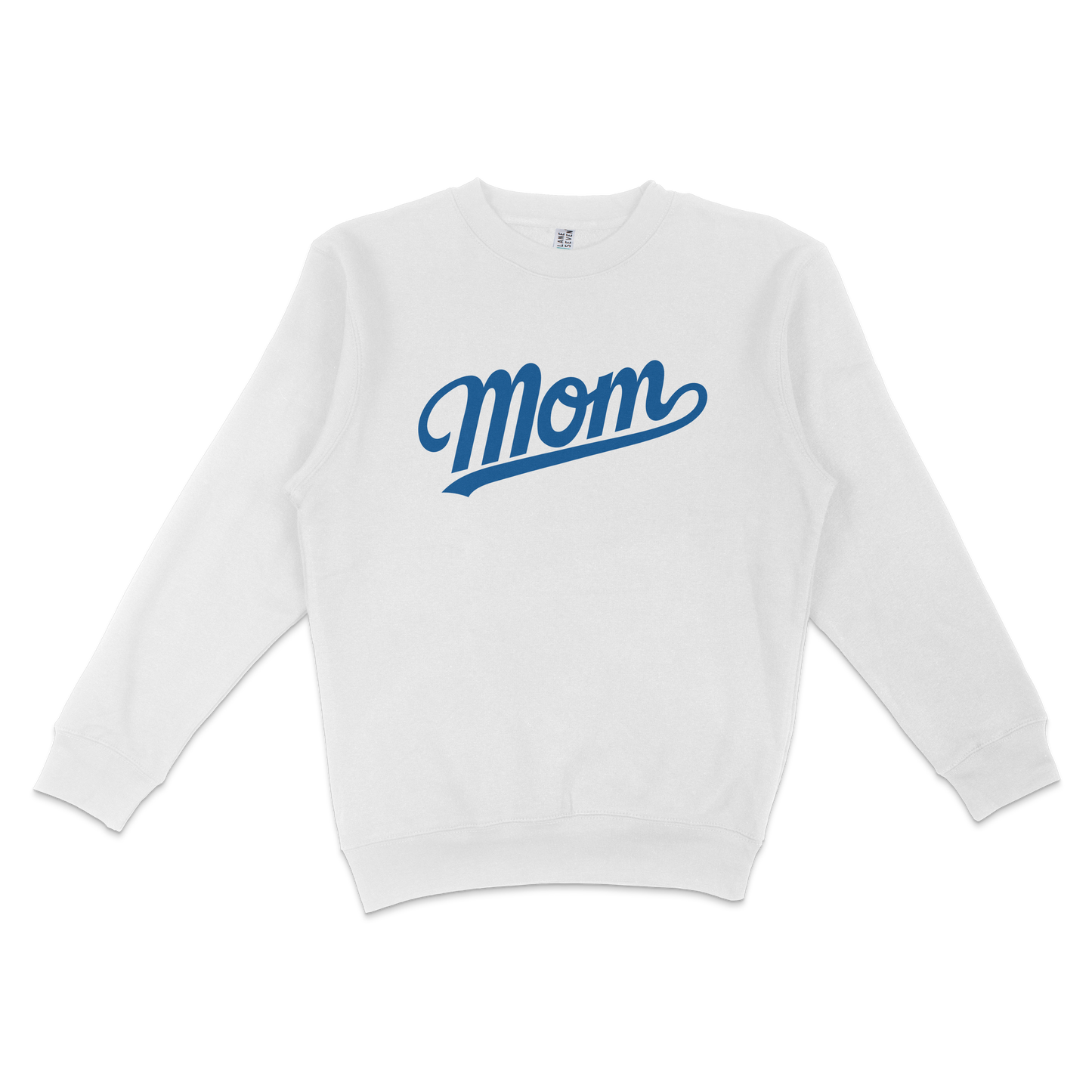 White crewneck sweatshirt with "Mom" written in bold blue cursive font across the front, perfect for LA baseball moms.