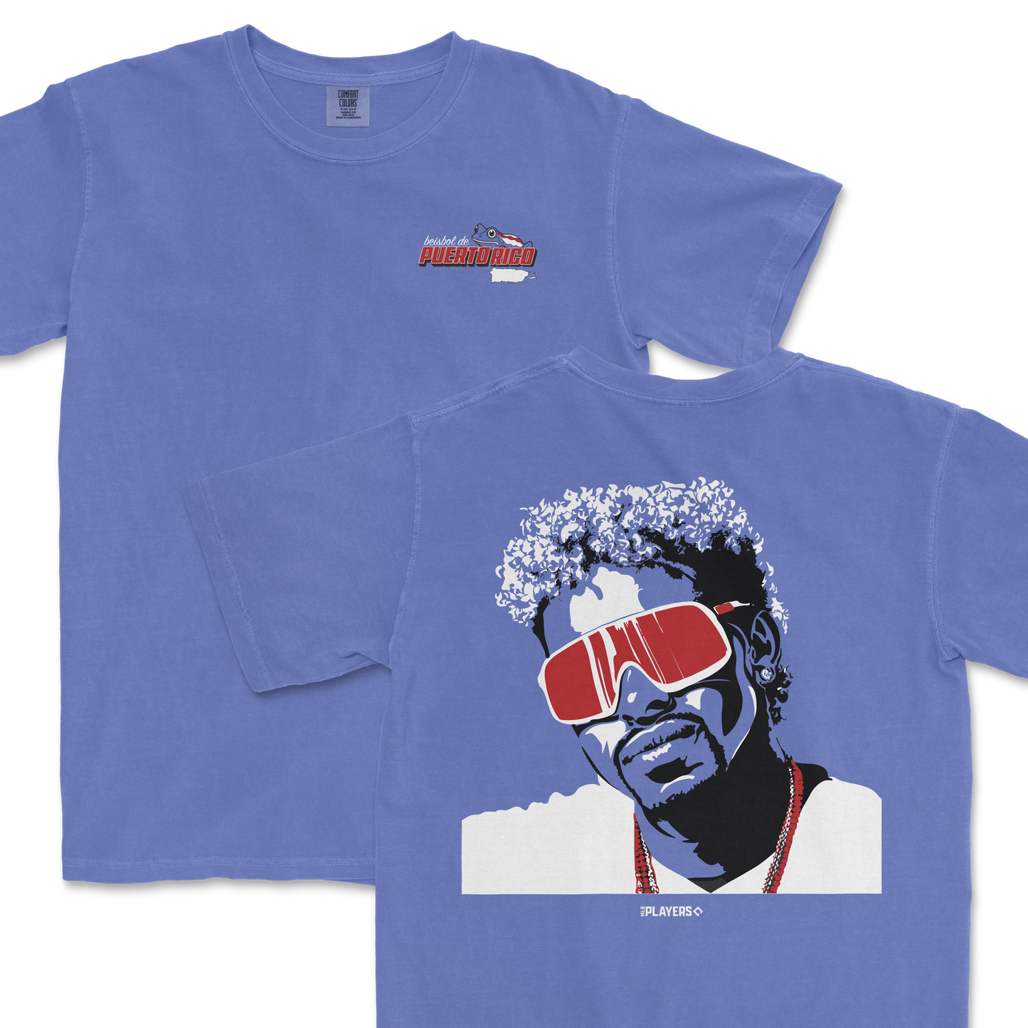 Blue Comfort Colors T-shirt featuring a Puerto Rico baseball logo on the front and a stylized portrait with sunglasses on the back.