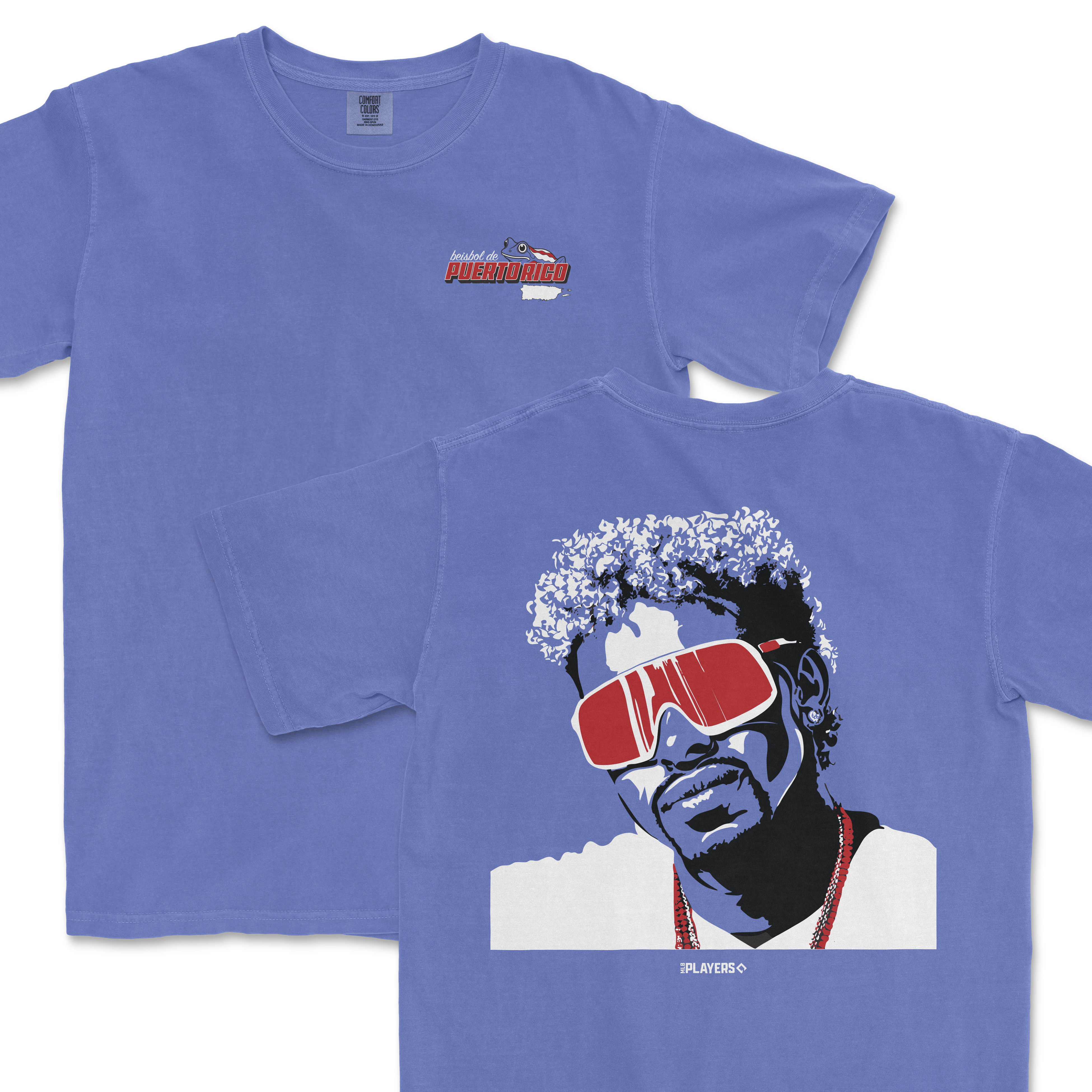Blue Comfort Colors T-shirt featuring a Puerto Rico baseball logo on the front and a stylized portrait with sunglasses on the back.