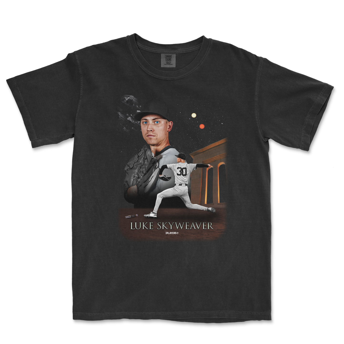 Black Comfort Colors T-shirt featuring a graphic of Luke Skyweaver, a baseball player, with space elements and the text "LUKE SKYWEAVER.