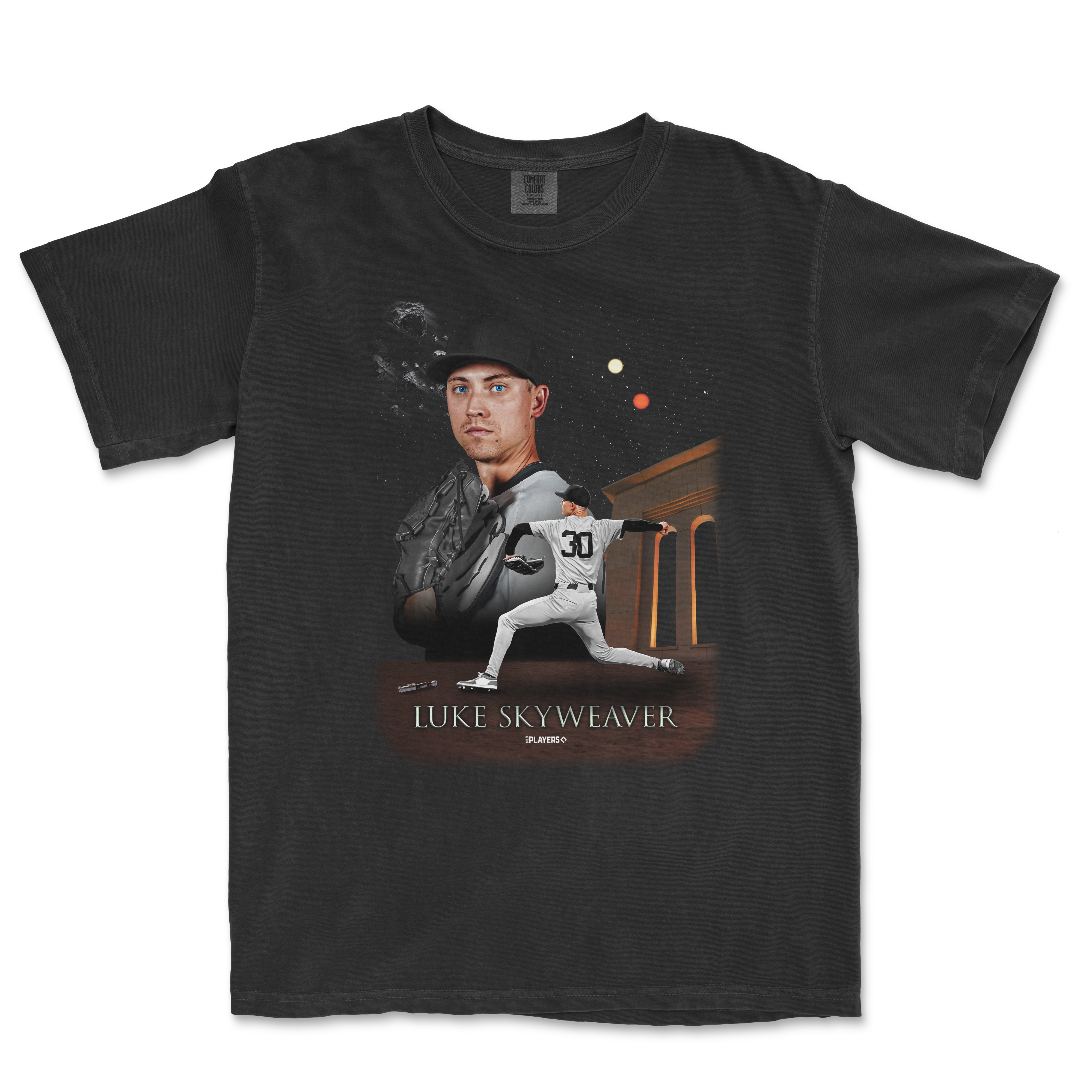Black Comfort Colors T-shirt featuring a graphic of Luke Skyweaver, a baseball player, with space elements and the text "LUKE SKYWEAVER.