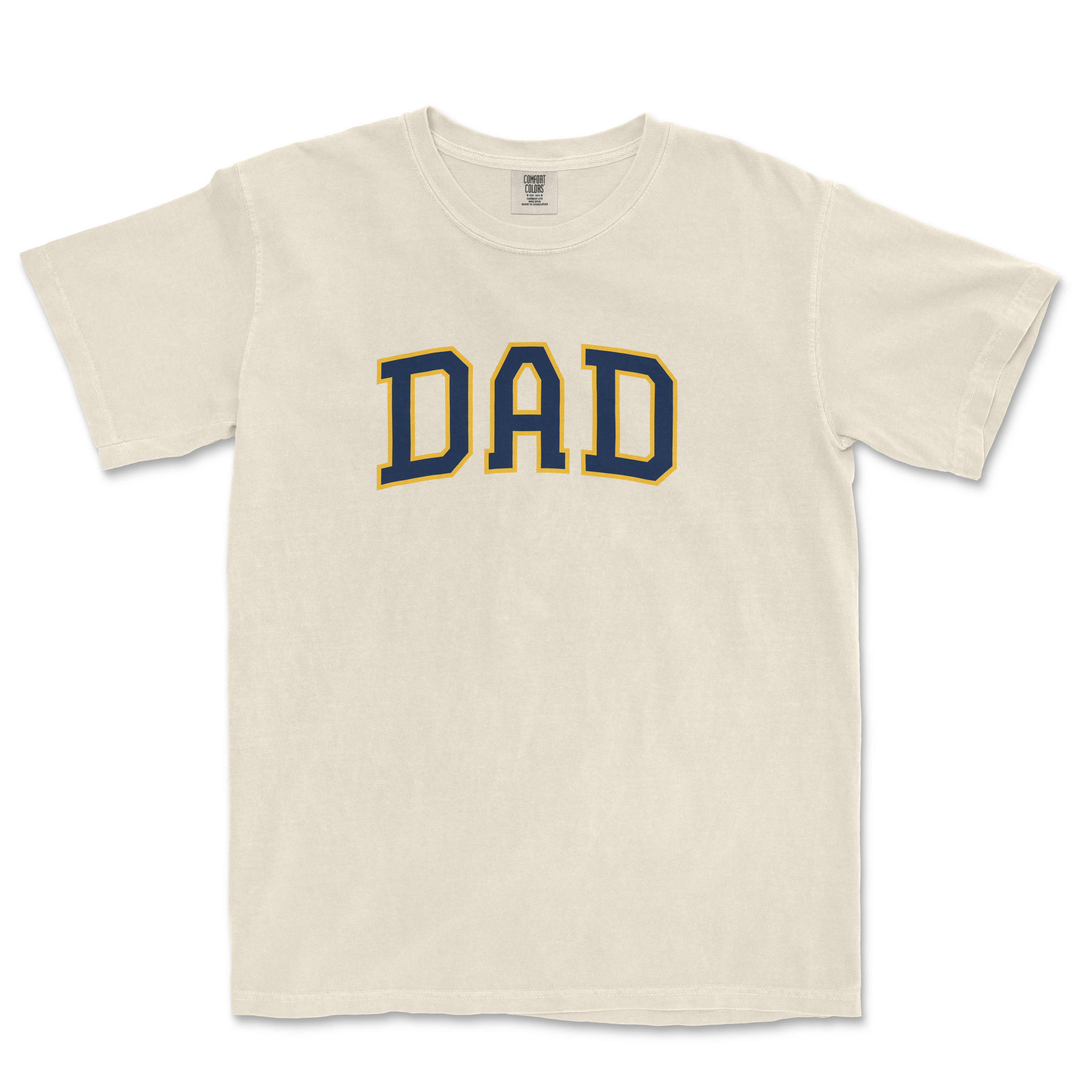 Cream-colored t-shirt featuring bold "DAD" lettering in navy and gold, perfect for baseball-loving fathers.