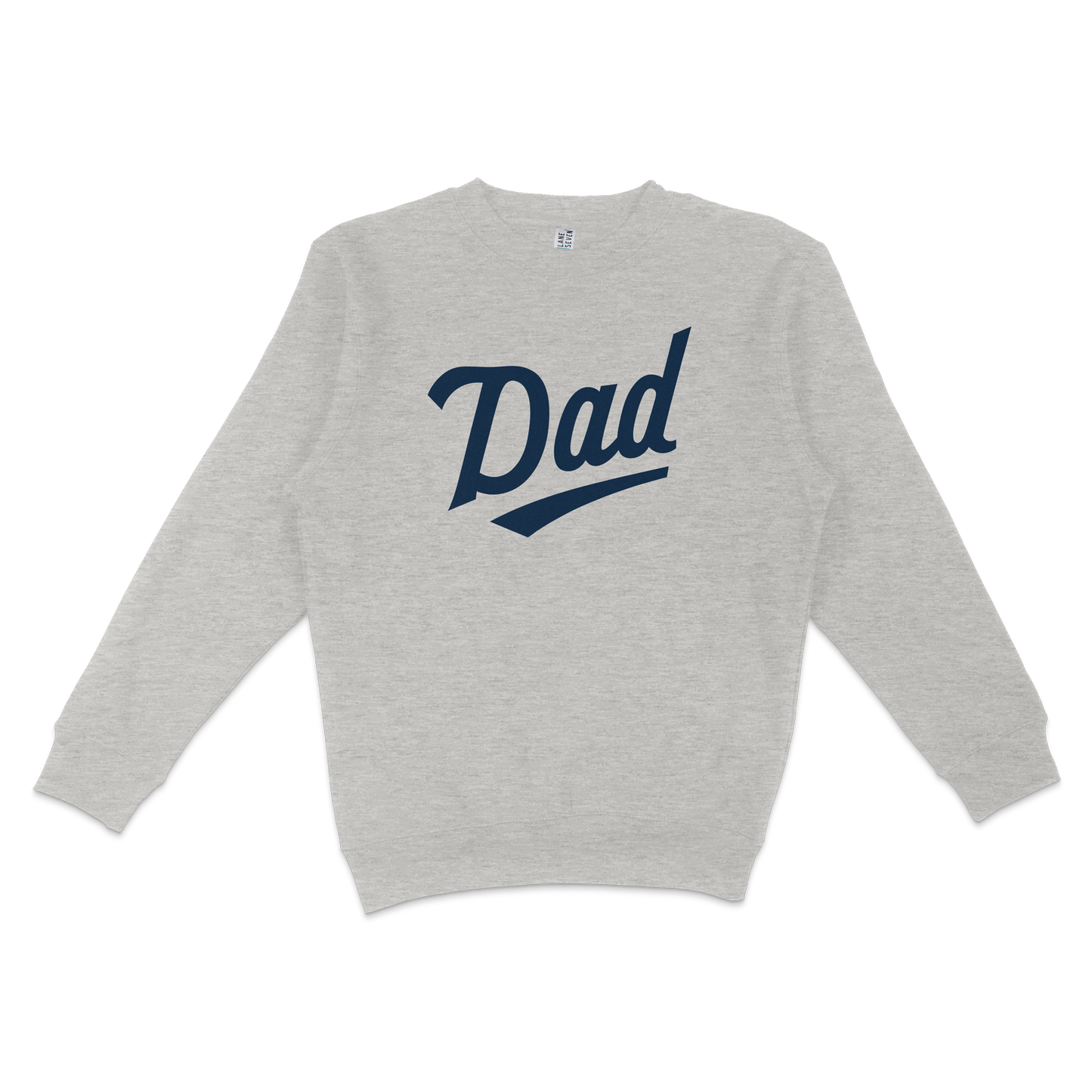Gray crewneck sweatshirt with "Dad" in bold navy blue text, perfect for Minnesota baseball dads.