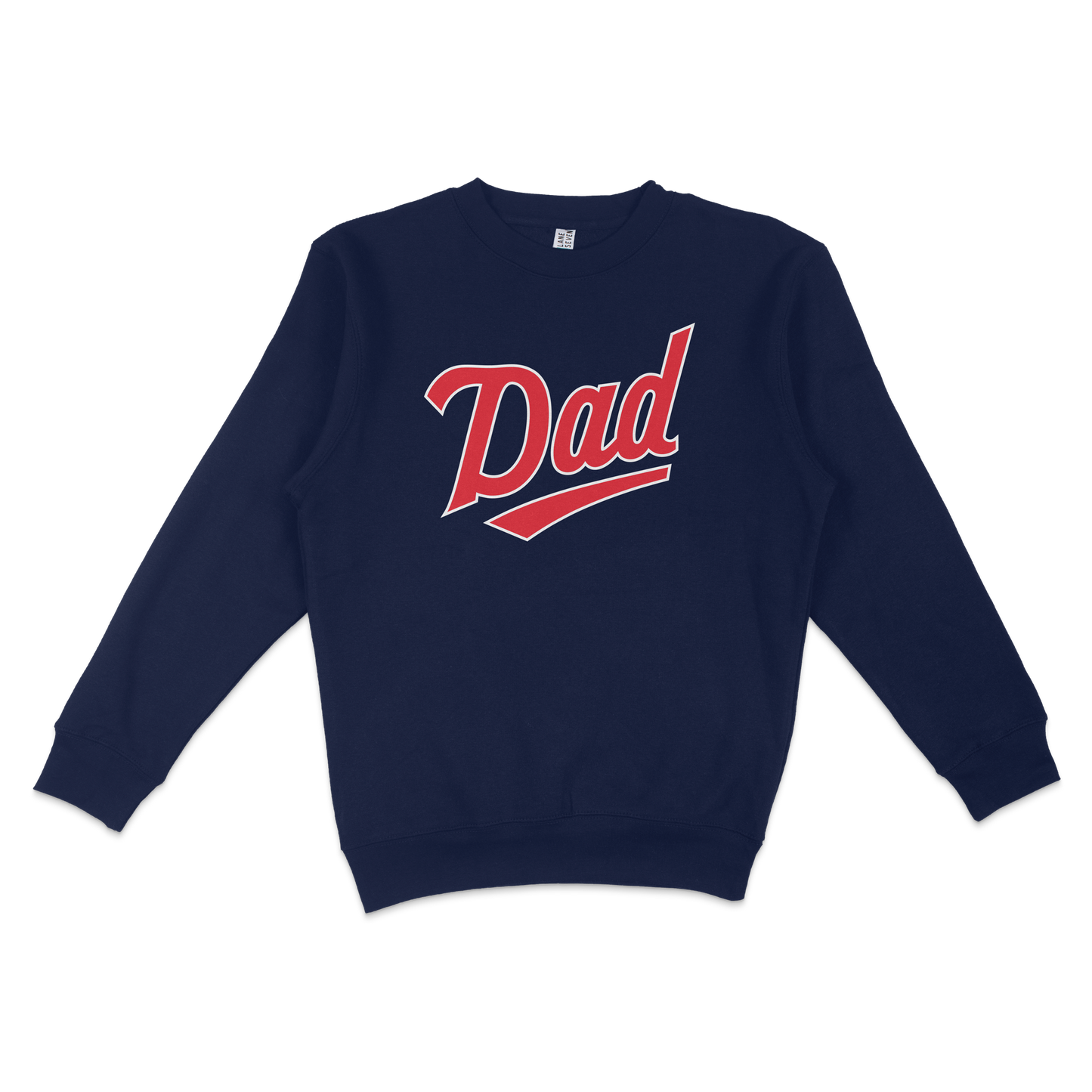 Navy crewneck sweatshirt with red and white "Dad" text, designed for Minnesota baseball dads.