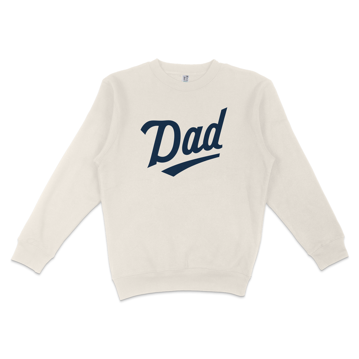 Cream-colored crewneck sweatshirt with "Dad" written in bold navy blue script, perfect for Minnesota baseball dads.