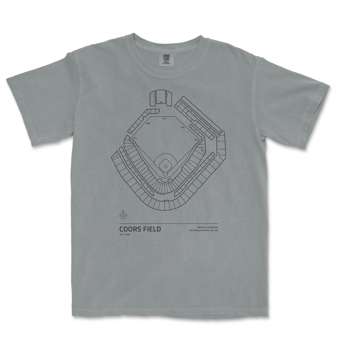 Gray Comfort Colors tee featuring a black line drawing of Coors Field stadium seating chart and location details.