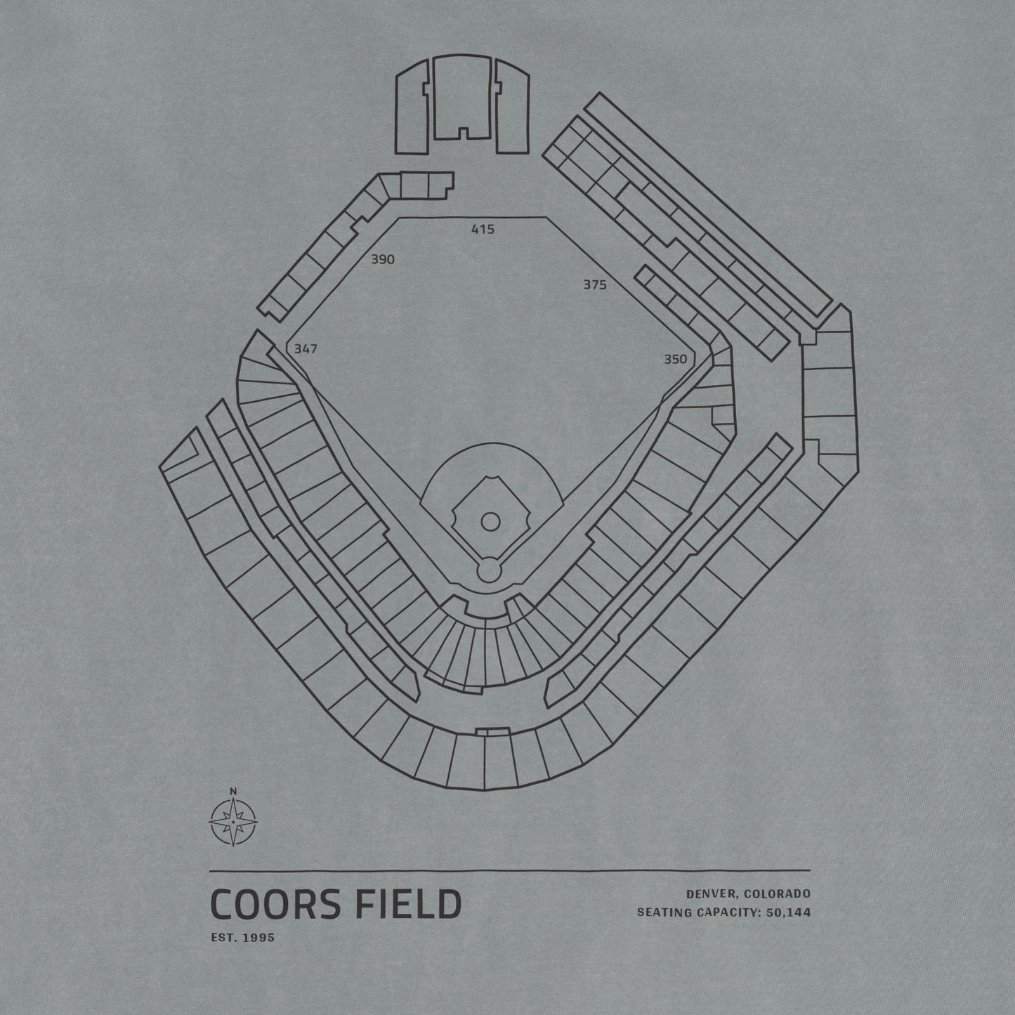 Comfort Colors tee featuring a line drawing of Coors Field stadium layout, including seating sections and capacity.