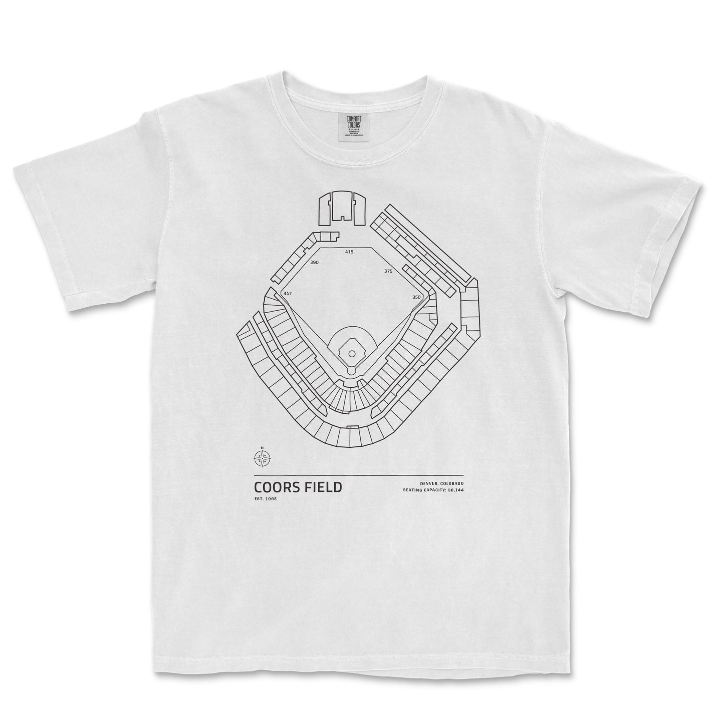 White Comfort Colors tee featuring a black line drawing of Coors Field stadium seating layout and details.