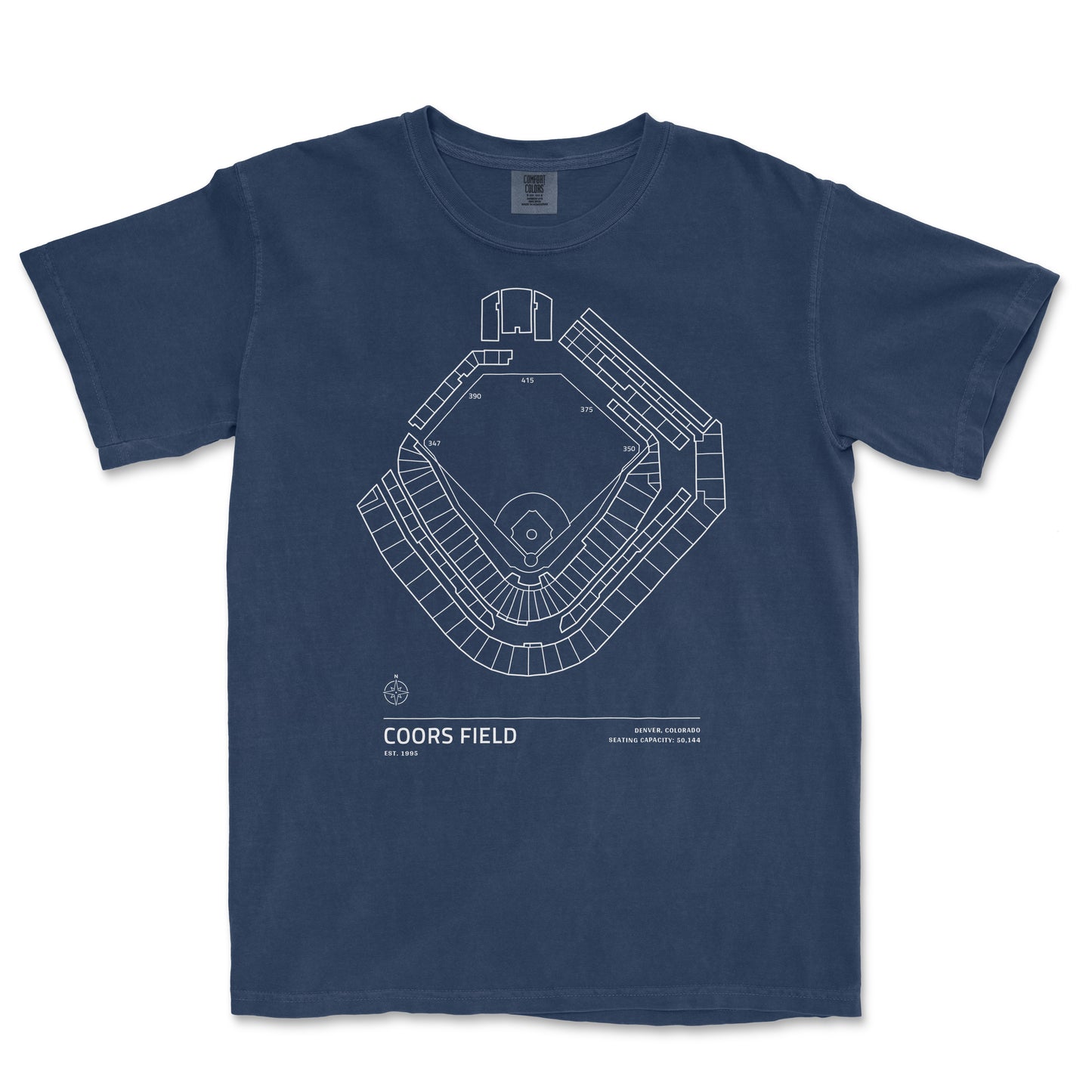Comfort Colors tee featuring a white line drawing of Coors Field stadium seating chart, with "Coors Field" text and location details.
