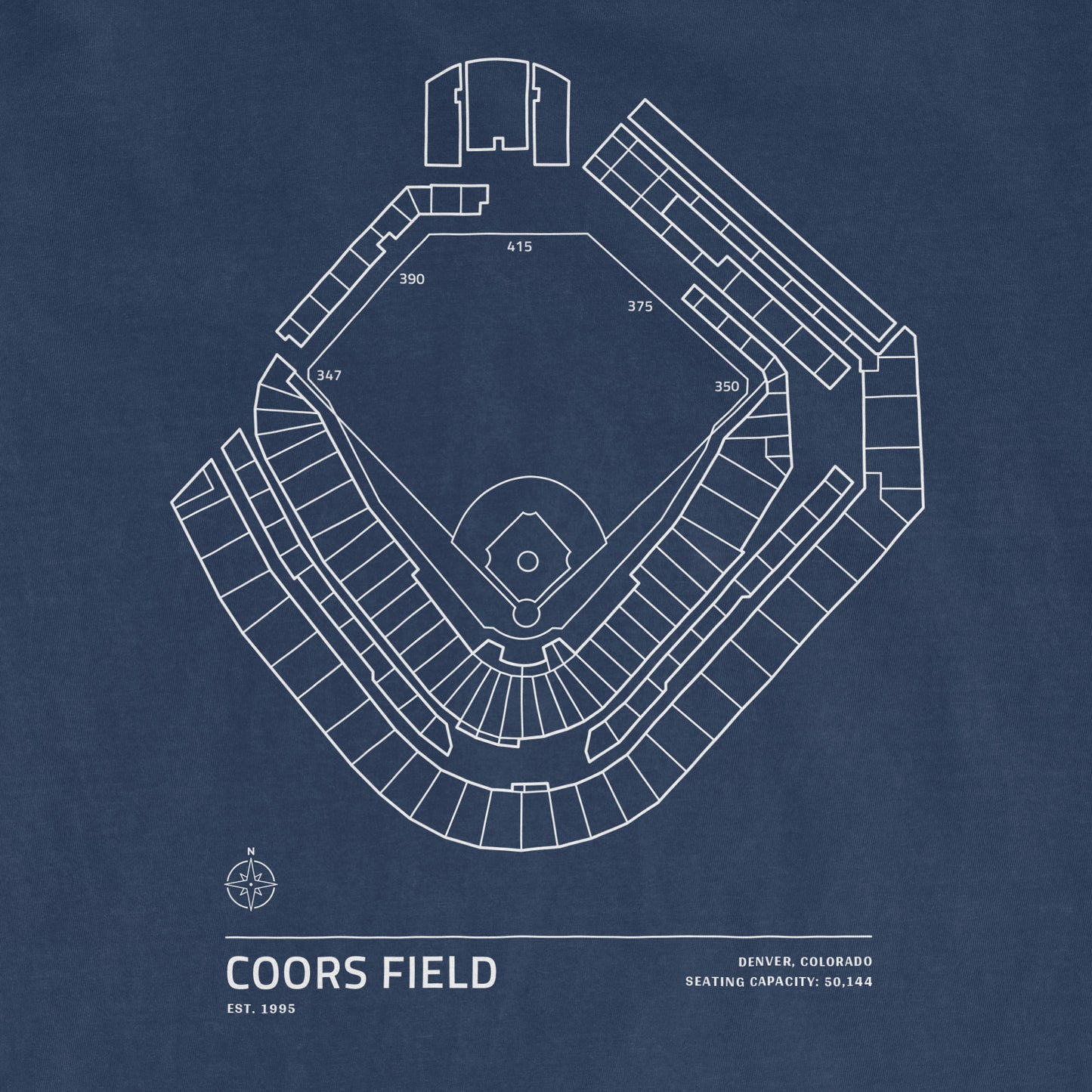 White line diagram of Coors Field baseball stadium on a blue Comfort Colors T-shirt, with seating capacity and location details.