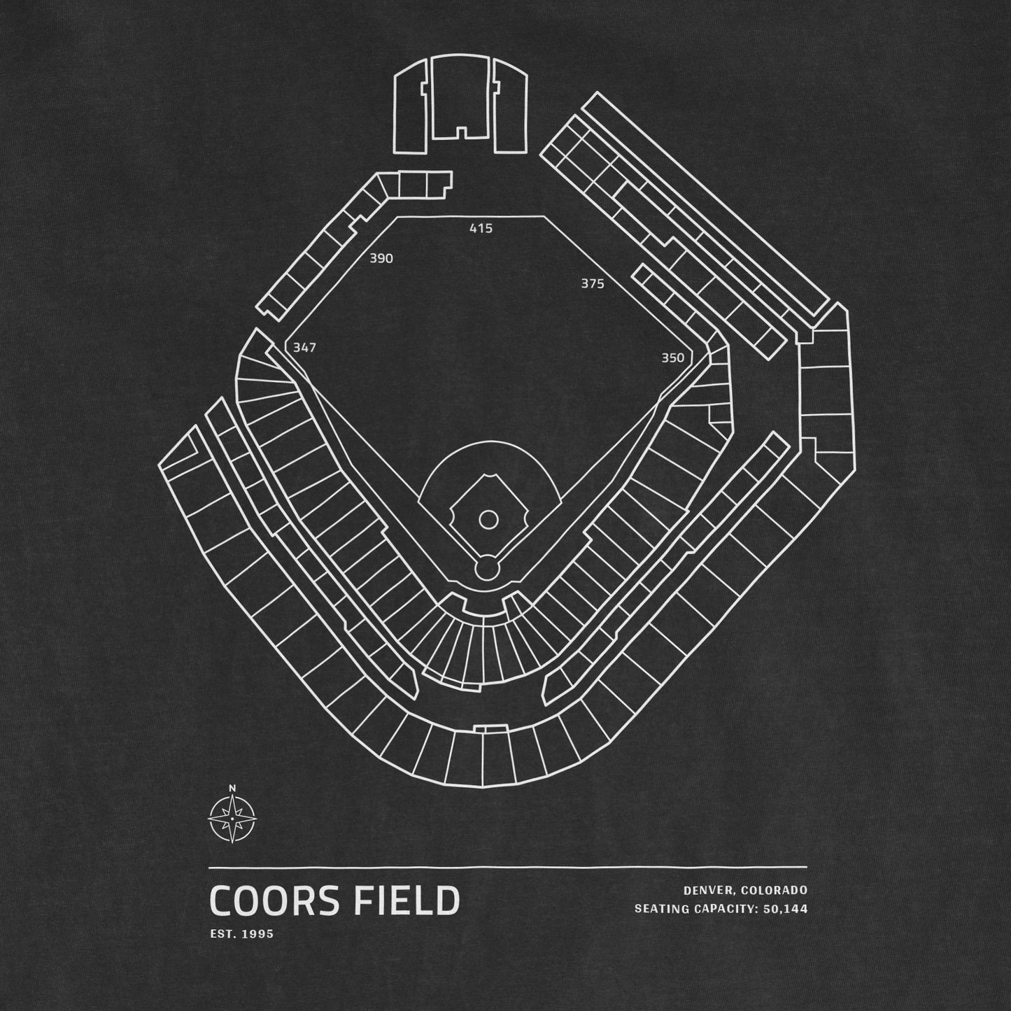 White line diagram of Coors Field baseball stadium with seating details, located on a black Comfort Colors T-shirt.