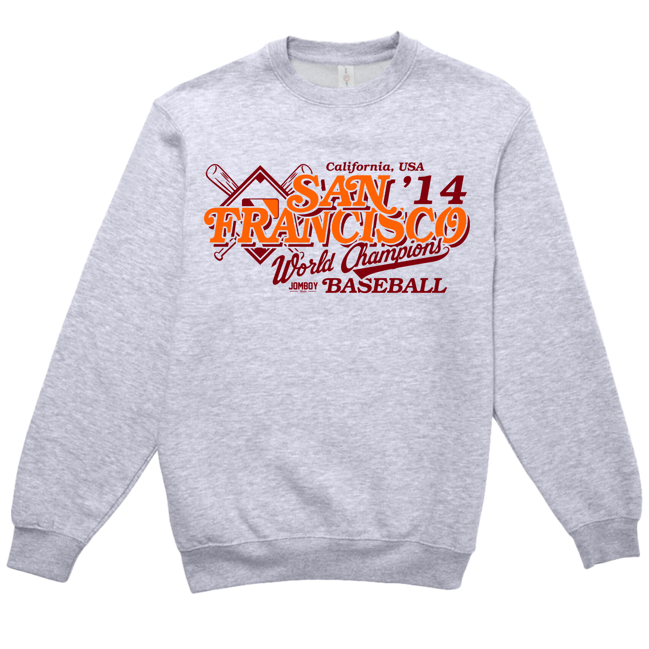 Gray crewneck sweatshirt featuring a vintage San Francisco baseball team design with bold orange and maroon text and graphics.