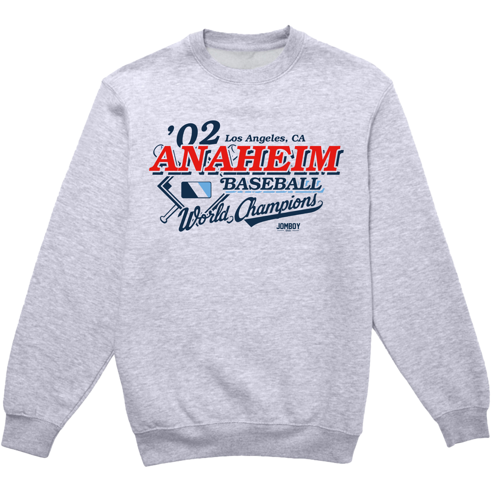 Gray crewneck sweatshirt featuring vintage-style "LA City Anaheim" baseball graphic with red, blue, and black text and design elements.