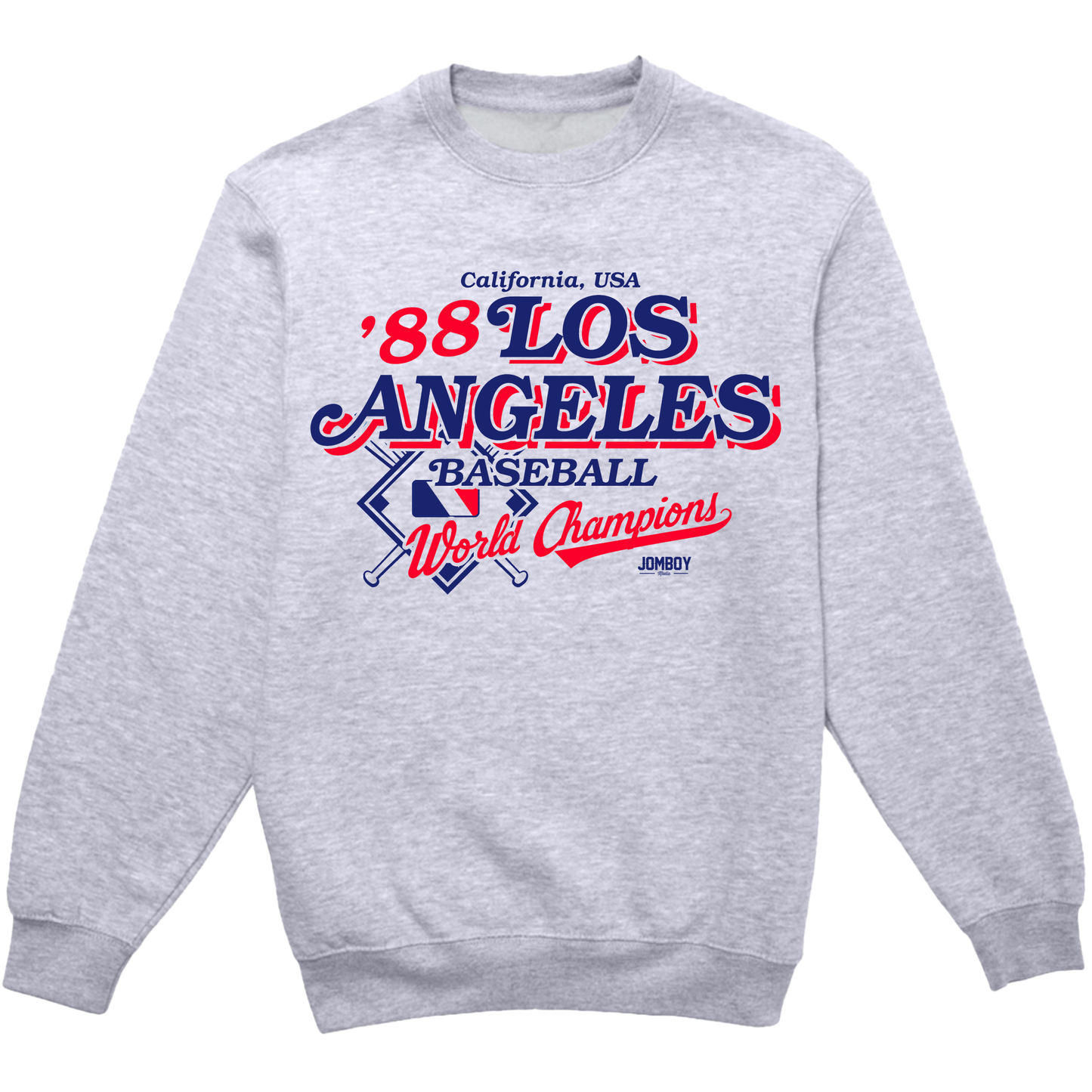 Gray crewneck sweatshirt featuring vintage-style "Los Angeles" baseball team design, celebrating 1988 champions.