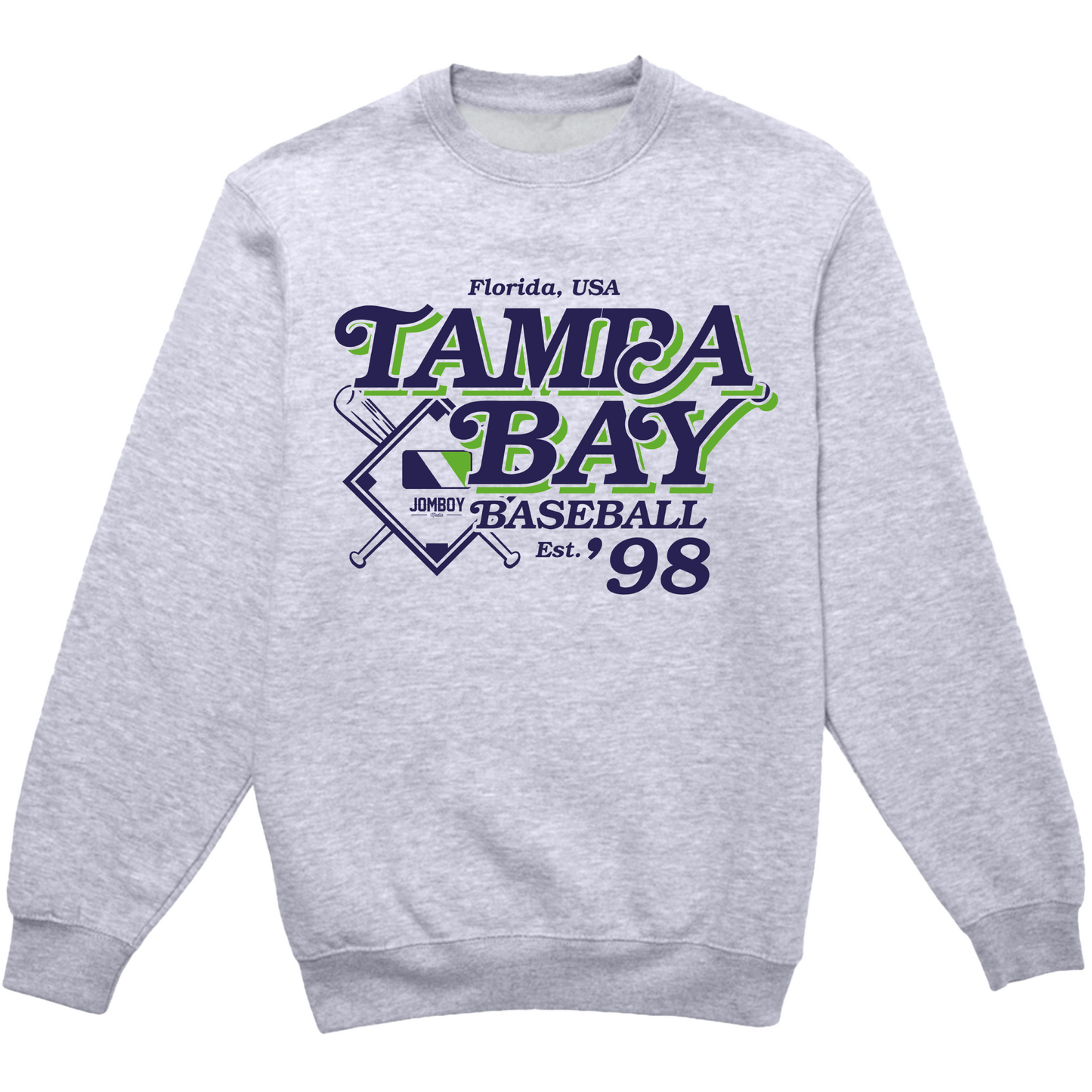 Gray crewneck sweatshirt featuring "Tampa Bay Baseball" text, crossed baseball bats, and vintage-style graphics.