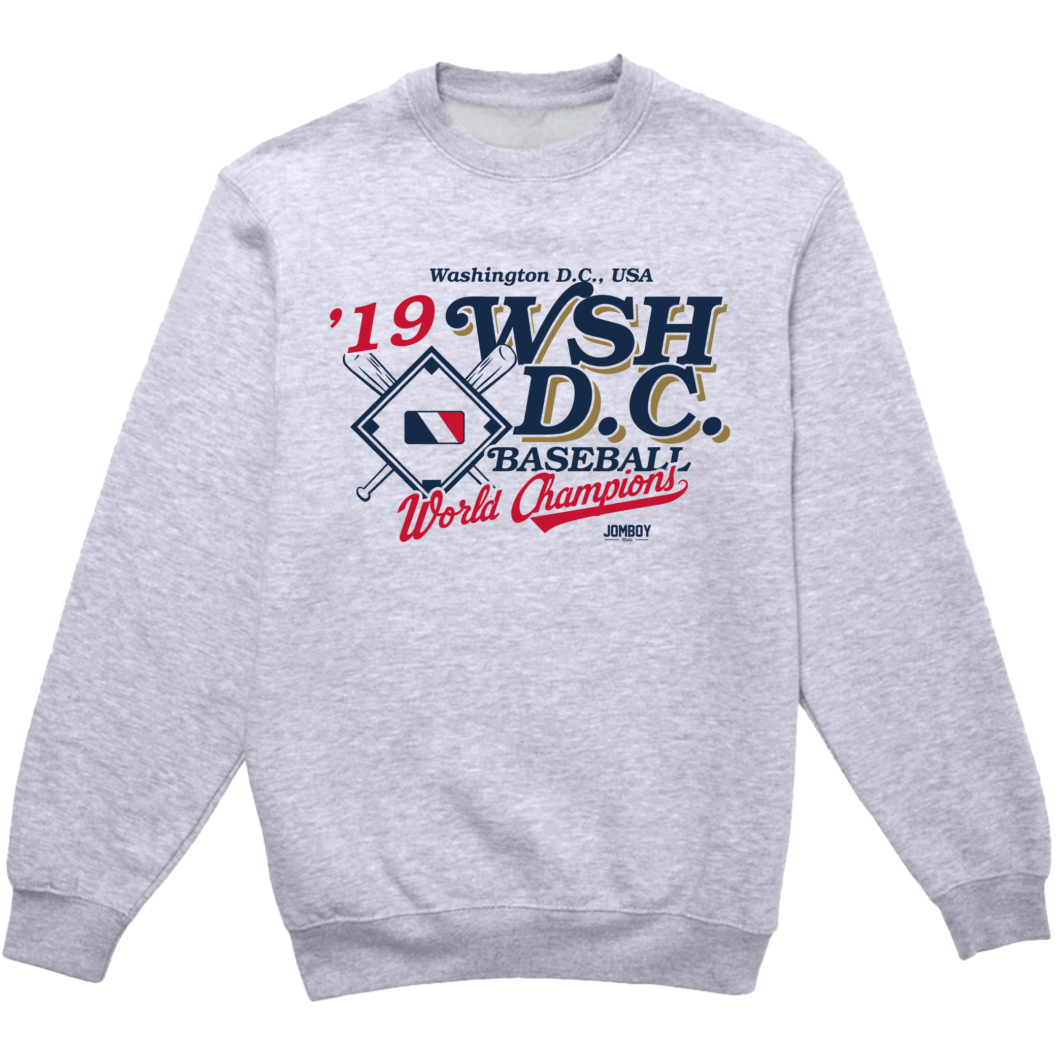 Gray crewneck sweatshirt featuring vintage-style "WSH D.C. Baseball World Champions 2019" graphic with crossed baseball bats and team logo.