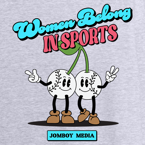 Gray crewneck sweatshirt featuring a graphic of two cartoon baseballs with arms and legs, holding up peace signs, with "Women Belong in Sports" text above.