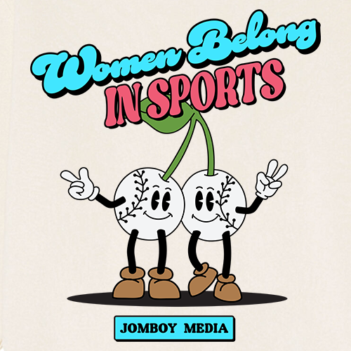 Bright crewneck sweatshirt featuring cartoon baseballs with arms, legs, and smiling faces, promoting women in sports.