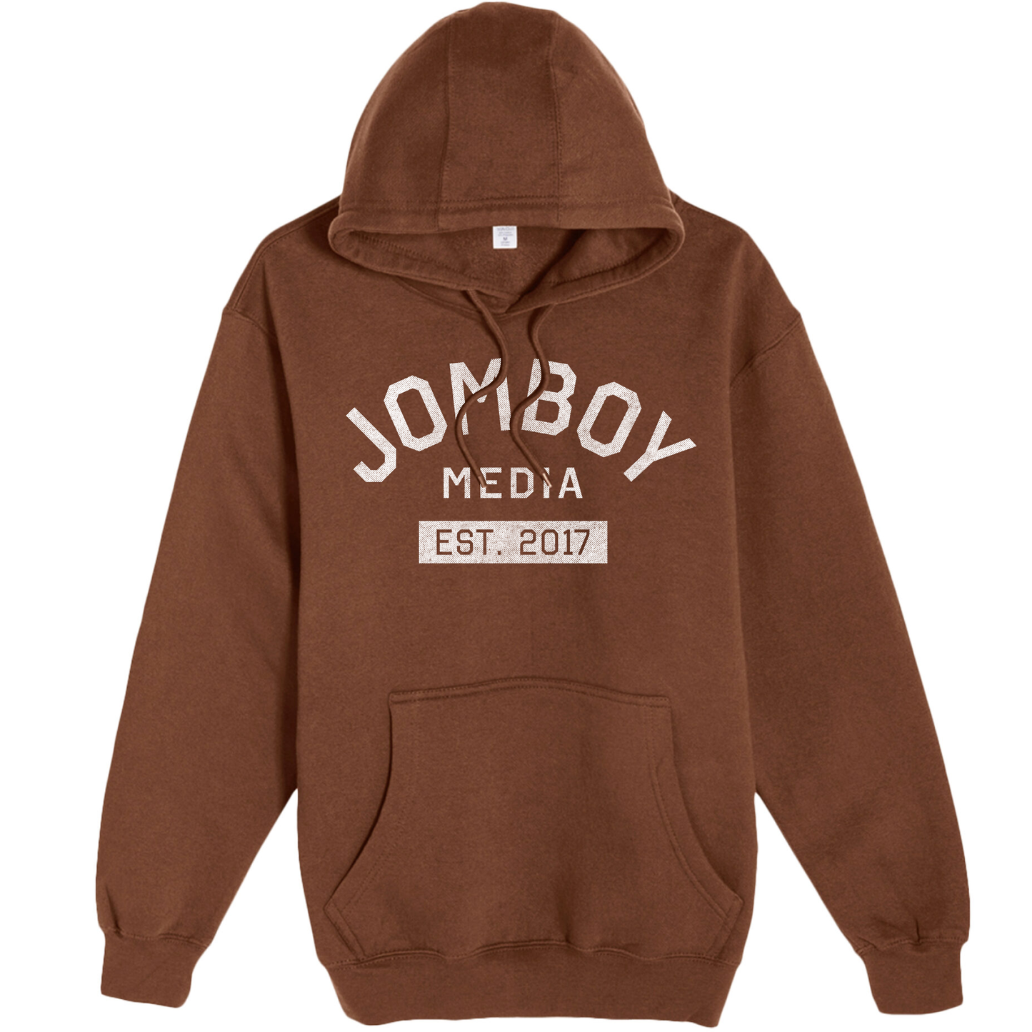 Brown pullover fleece hoodie with "Jomboy Media Est. 2017" printed in white on the front, featuring a front pocket and drawstrings.