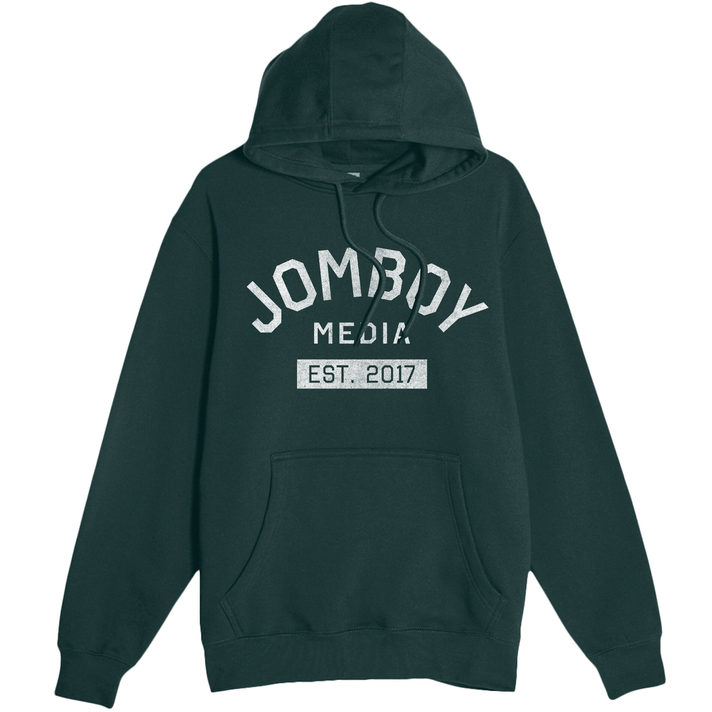 Black pullover fleece hoodie with "Jomboy Media Est. 2017" printed in white on the front, featuring a front pocket and drawstring hood.