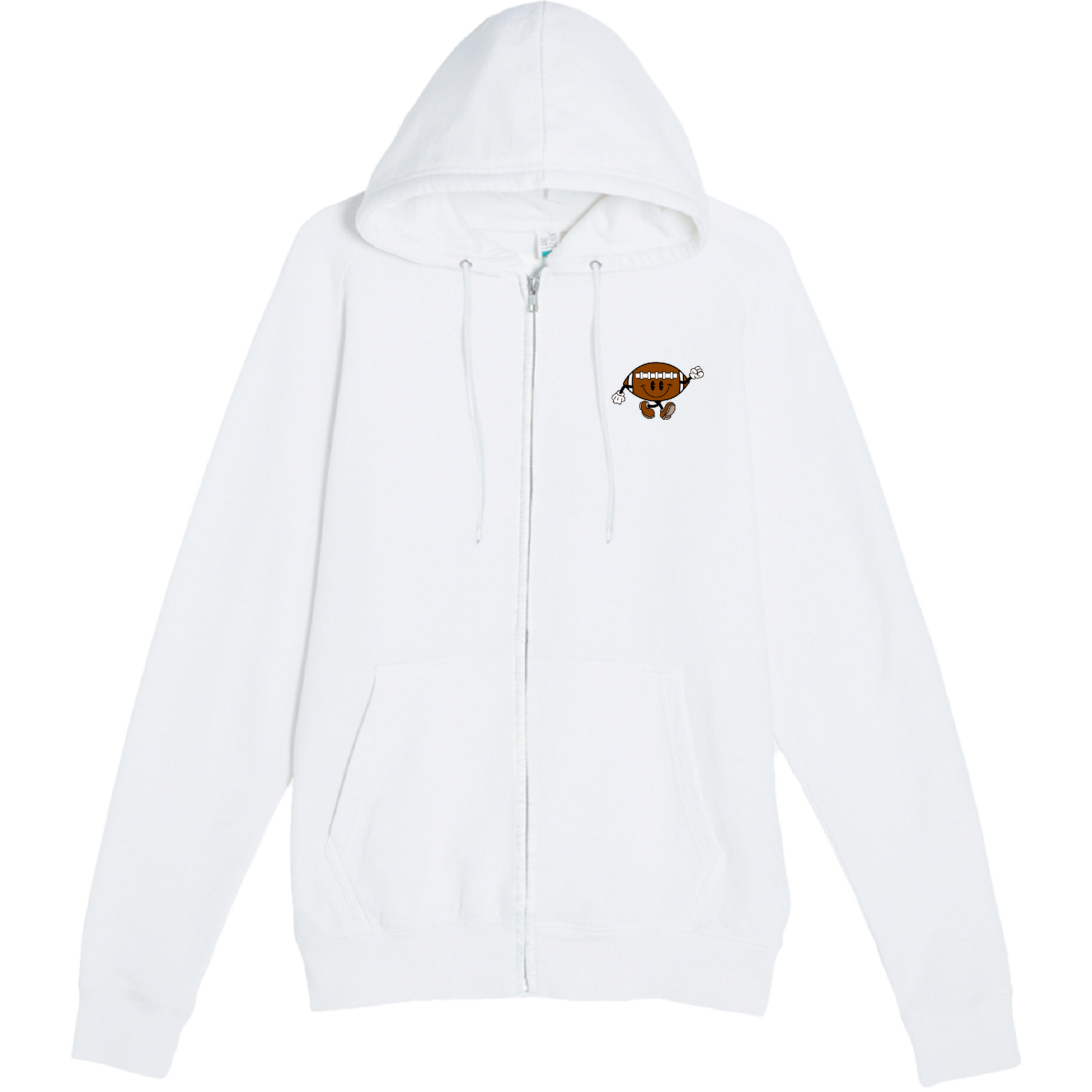 White zip-up hoodie featuring a small football girl graphic on the chest, with a front pocket and adjustable drawstring hood.