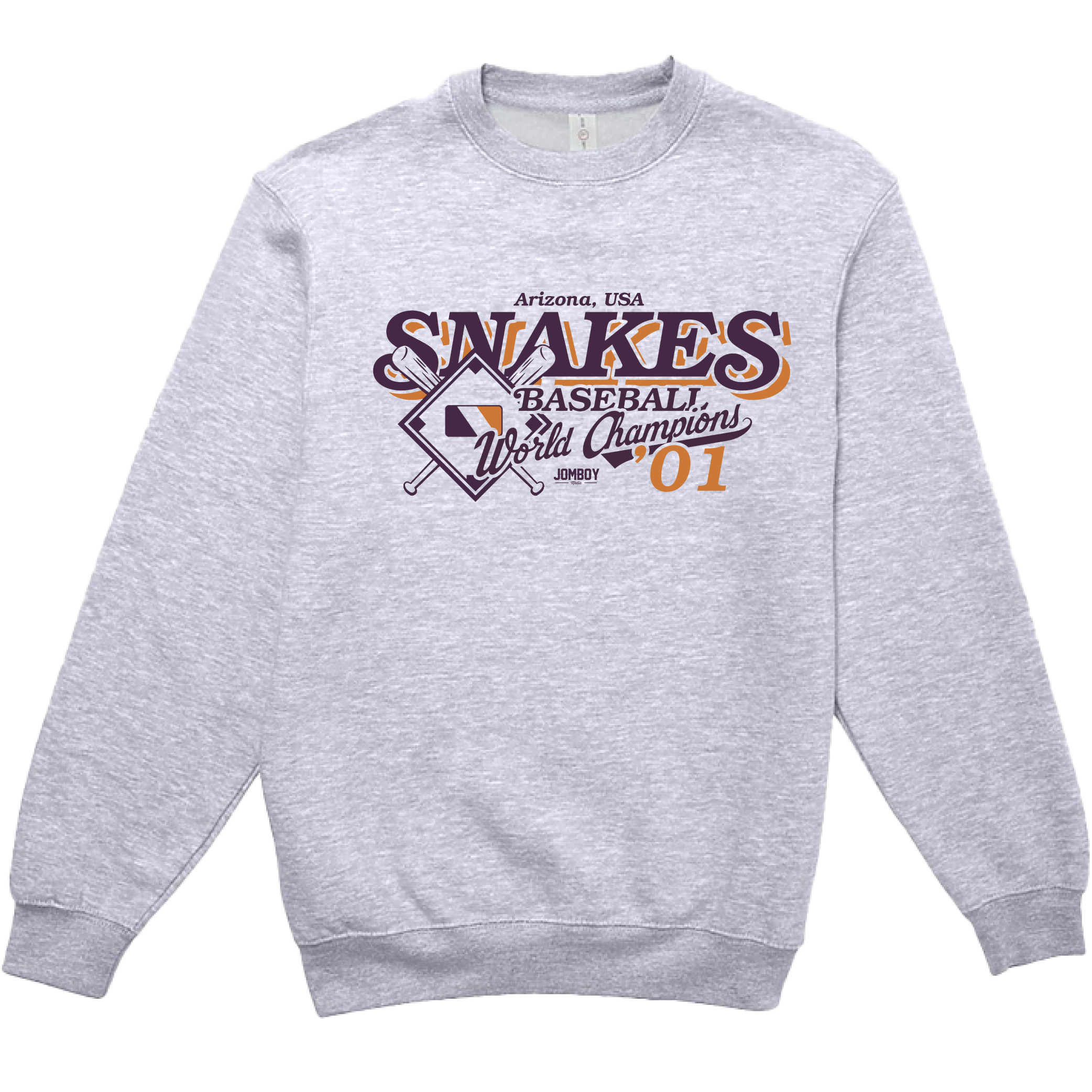 Gray crewneck sweatshirt featuring vintage-style "SNAKES" baseball world champions design with crossed bats and a diamond graphic.