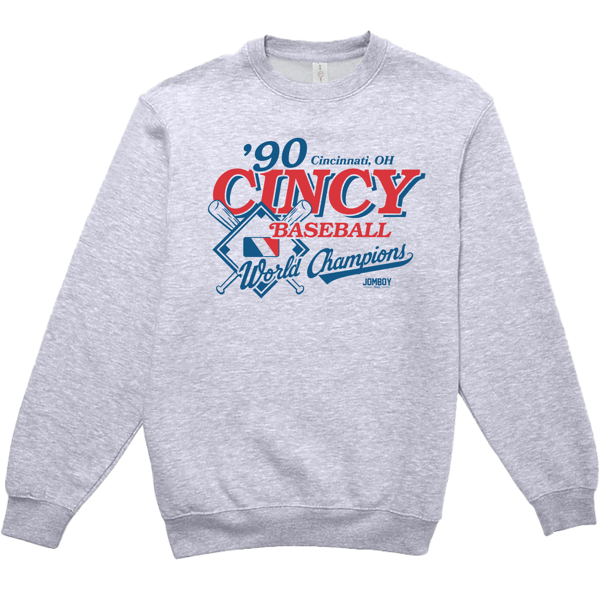 Gray crewneck sweatshirt featuring vintage Cincinnati baseball design with crossed bats, "World Champions" text, and nostalgic graphics.