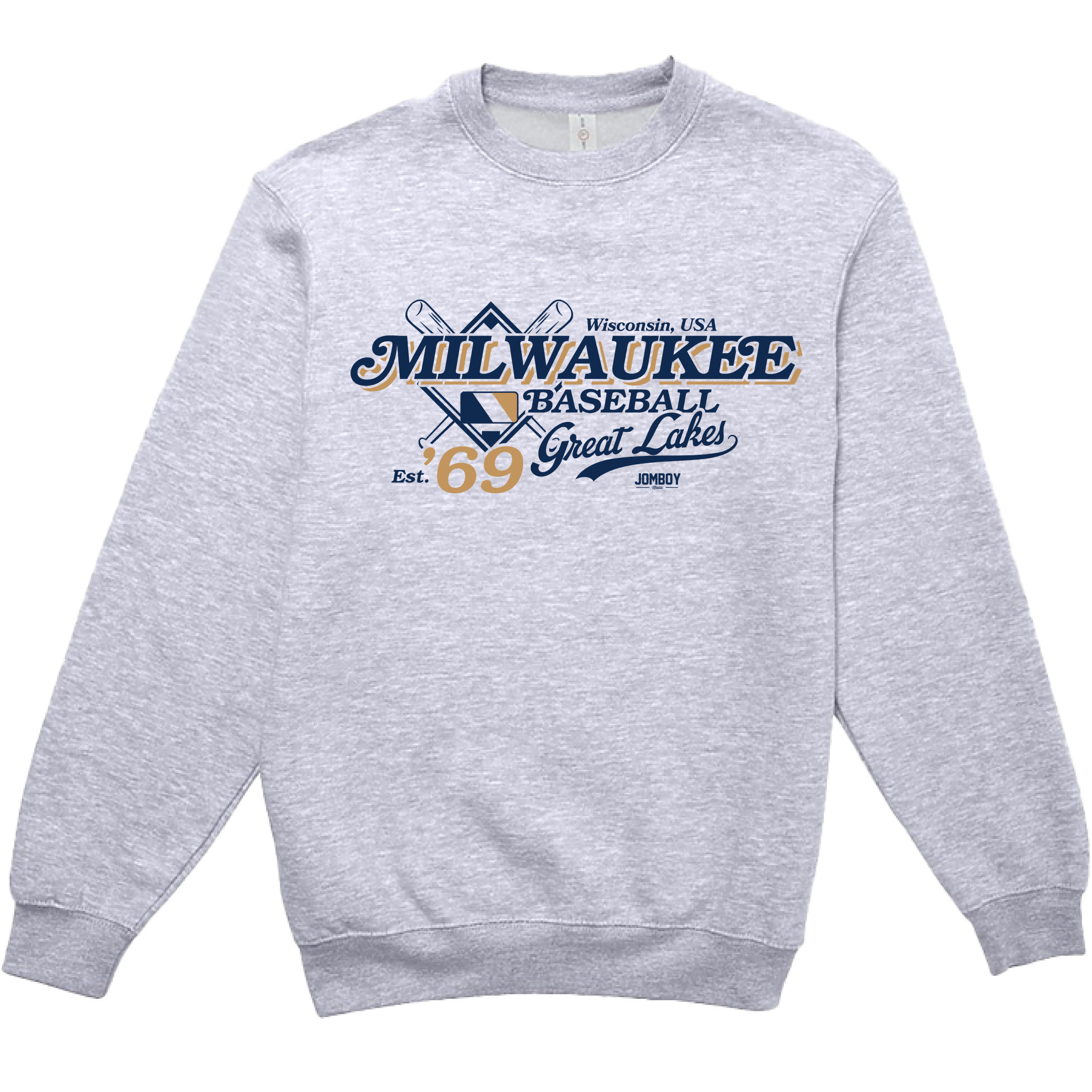 Gray crewneck sweatshirt featuring Milwaukee baseball team logo, vintage design, "Great Lakes" text, and sports graphics.