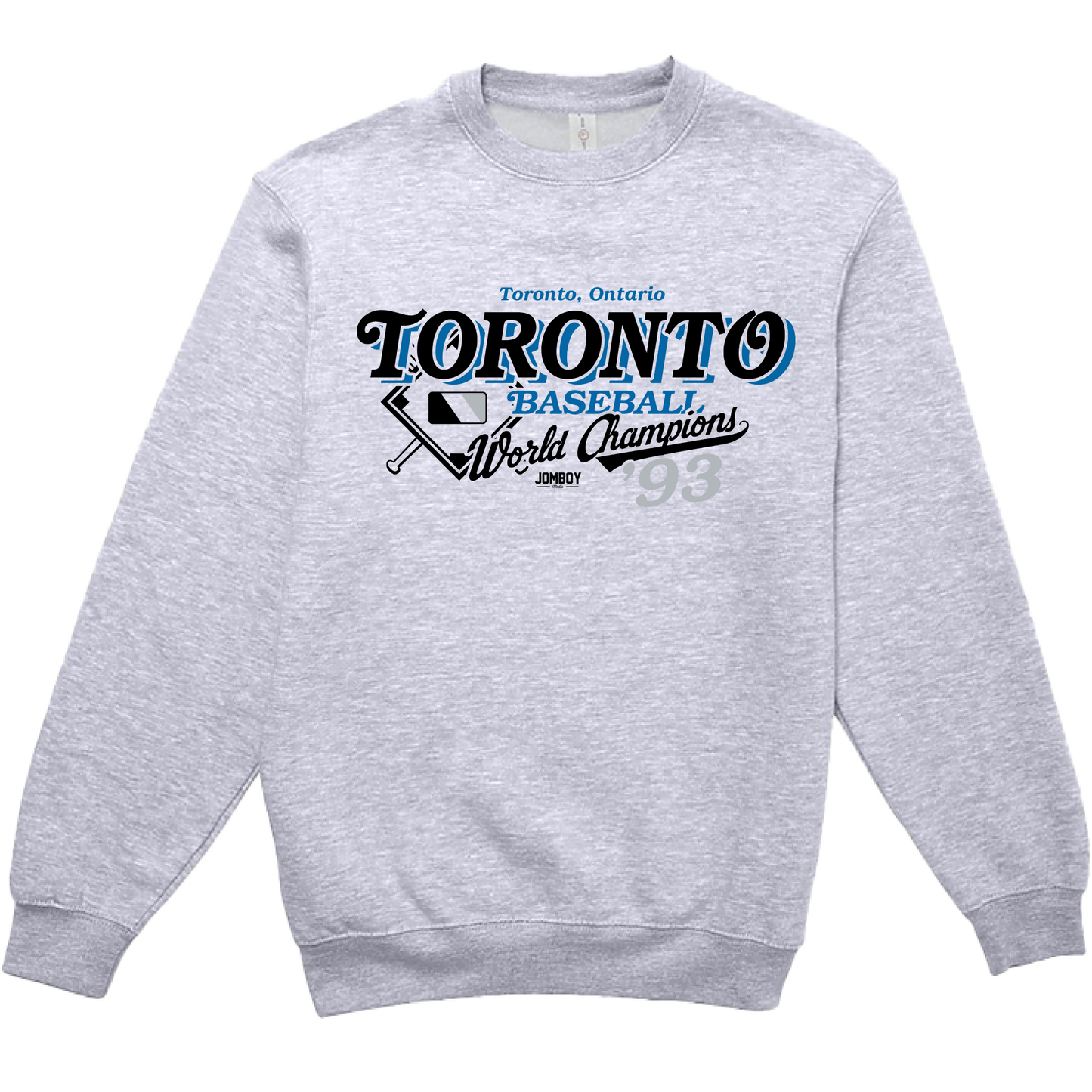 Gray crewneck sweatshirt featuring "Toronto Baseball World Champions '93" graphic and text in black, blue, and gray.