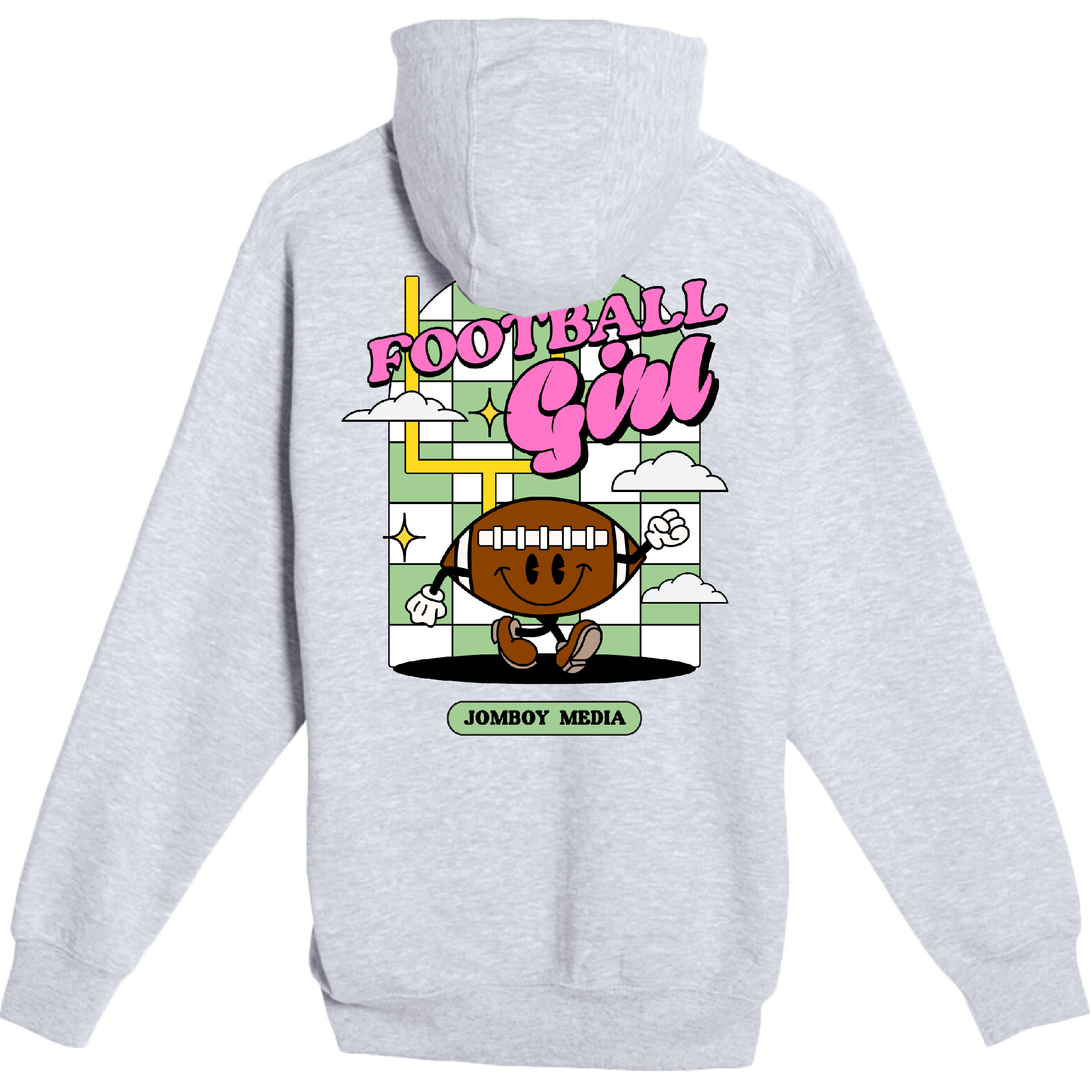 Gray zip-up hoodie featuring a colorful cartoon football girl with pink "Football Girl" text and "Jomboy Media" label.